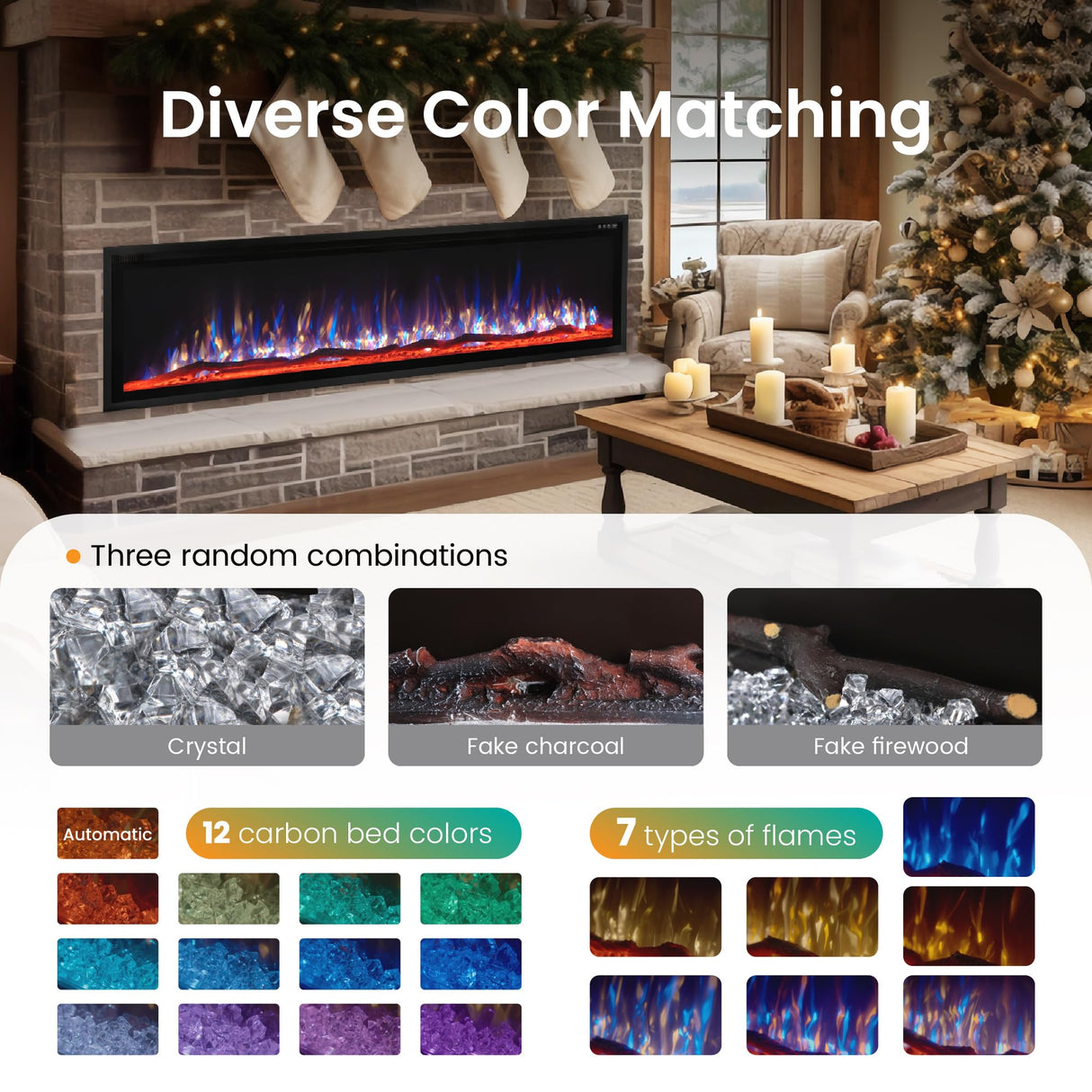 PHI VILLA 72" Electric Fireplace Wall Mounted, Recessed Wall Fireplace Electric with Crystal, Fake Charcoal & Firewood Bed for Indoor, Remote Control, 750W/1500W, Timer, Ultra-Narrow Bezel PHI VILLA