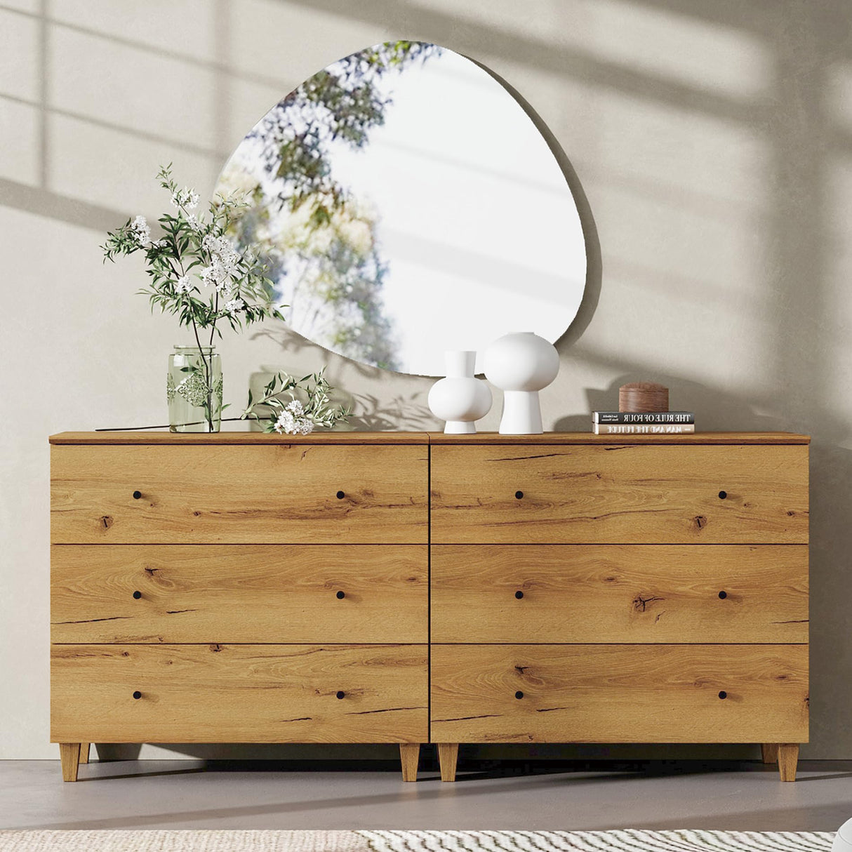 WAMPAT Dresser with 6 Drawers, Bedroom 70.8" Wide Wooden Chest of Drawers, Modern Dressers Closet Storage Organizer w/Solid Wood Legs for Living Room, Kids Room, Nursery, Oak Brown WAMPAT