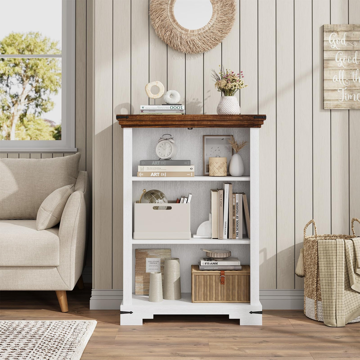 HOTLUU 3-Tier Farmhouse Bookshelf, Book Shelf with Open Storage & One Adjustable Shelf, 9.8" D x 26" W x 38" H, Wooden Bookshelf for Study Room, Living Room, Kitchen, Bedroom (White) HOTLUU