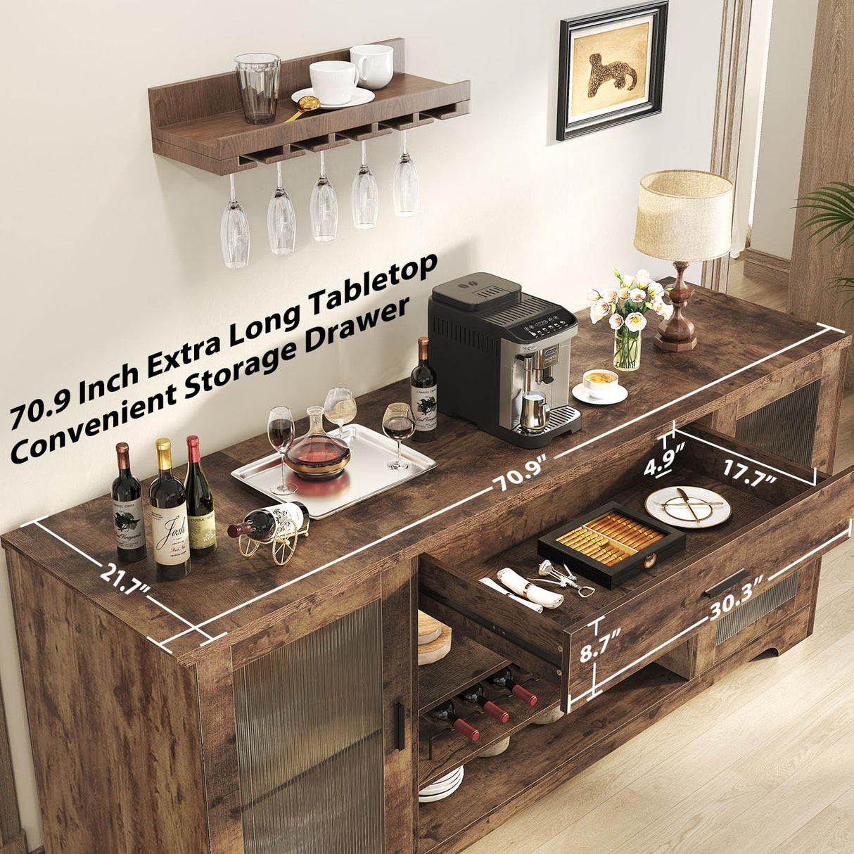 HSH Bar Cabinet with Mini Fridge Space, 70.9” Large Wood Wine Cabinet with Cooler Space, Farmhouse Long Liquor Cabinet with Drawer Storage, Metal Sideboard Buffet for Kitchen Dining Room, Rustic Brown HSH