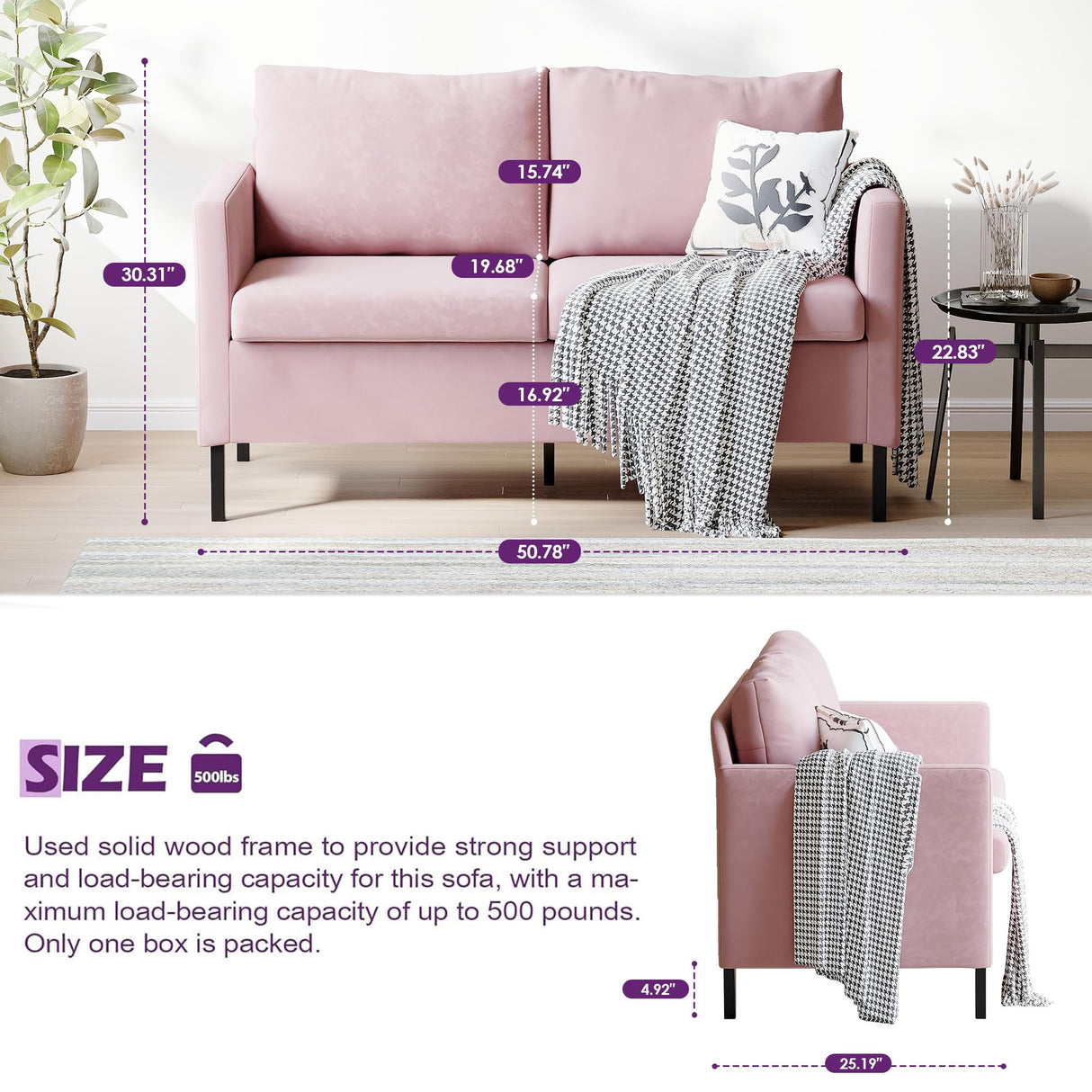 TYBOATLE Sofa Couch Mid Century Modern Small Loveseat for Living Room, 51" W Mini Little Upholstered 2-Seater Love Seats w/Iron Legs for Compact Small Space, Apartment, Bedroom, Dorm, Office (Pink) TYBOATLE