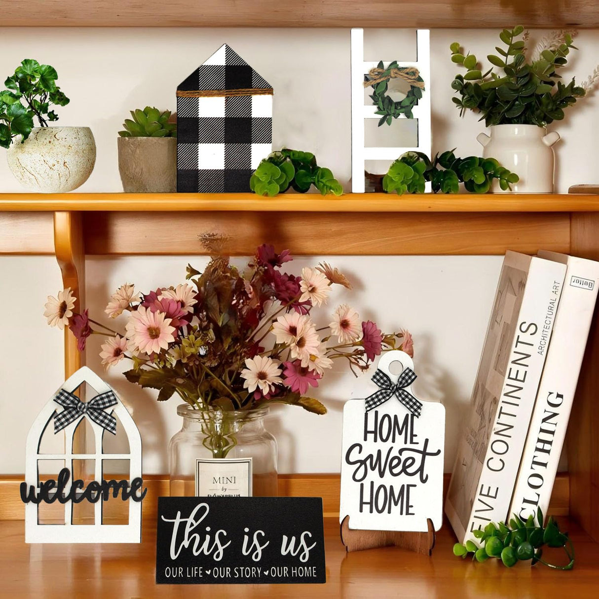 NJXJKGY 11PCS Farmhouse Tiered Tray Decor Set-Rustic Wooden Mini Signs and Decorations for Home and Kitchen Display (Tiered Tray Not Included) NJXJKGY