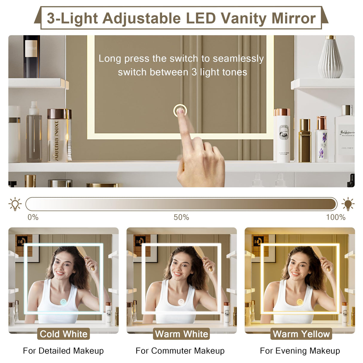 Einhomn Vanity Desk with Mirror & LED Lights, Fluted Makeup Table Set with Power Outlet & Hair Dryer Rack, Modern Dressing Table with Drawers & Adjustable Shelves, Cushioned Stool for Bedroom, White Einhomn