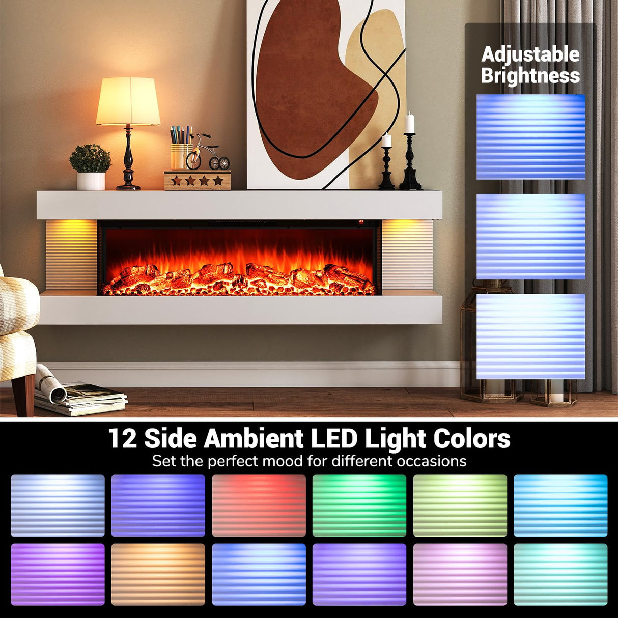 ORALNER 36-Inch Wall Mount Electric Fireplace with 50-Inch Floating Mantel, Remote, 3 Sided Electric Fireplace, 12 Adjustable Color Effect, 1500W Heater, White (50-INCH) ORALNER