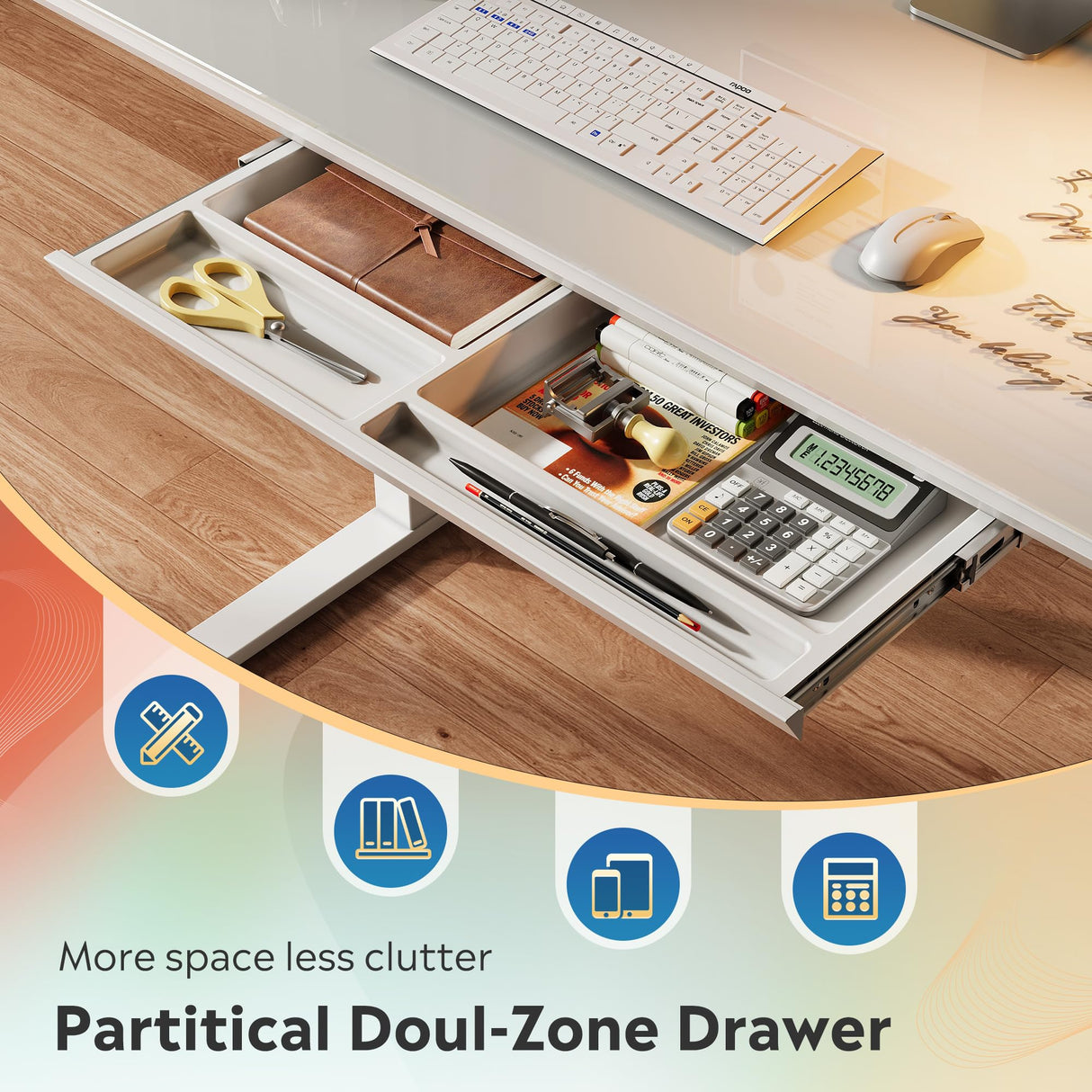 DEVAISE Standing Desk with Drawers, Whole-Piece Glass Adjustable Height Desk, 48 Inch Electric Stand Up Desk, Quick Install, White DEVAISE