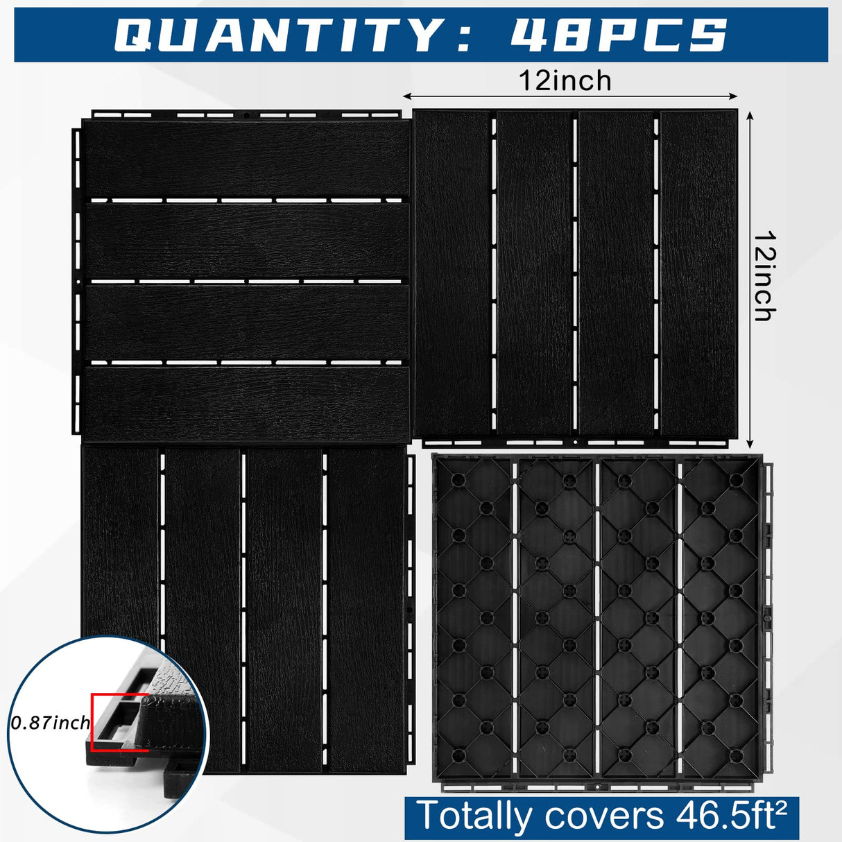 Treela 48 Pcs Plastic Interlocking Deck Tiles 12 x 12 Inch Patio Deck Tiles Waterproof Outdoor Flooring Composite Decking Boards Floor Decking Tiles for Porch Poolside Balcony Backyard (Black) Treela
