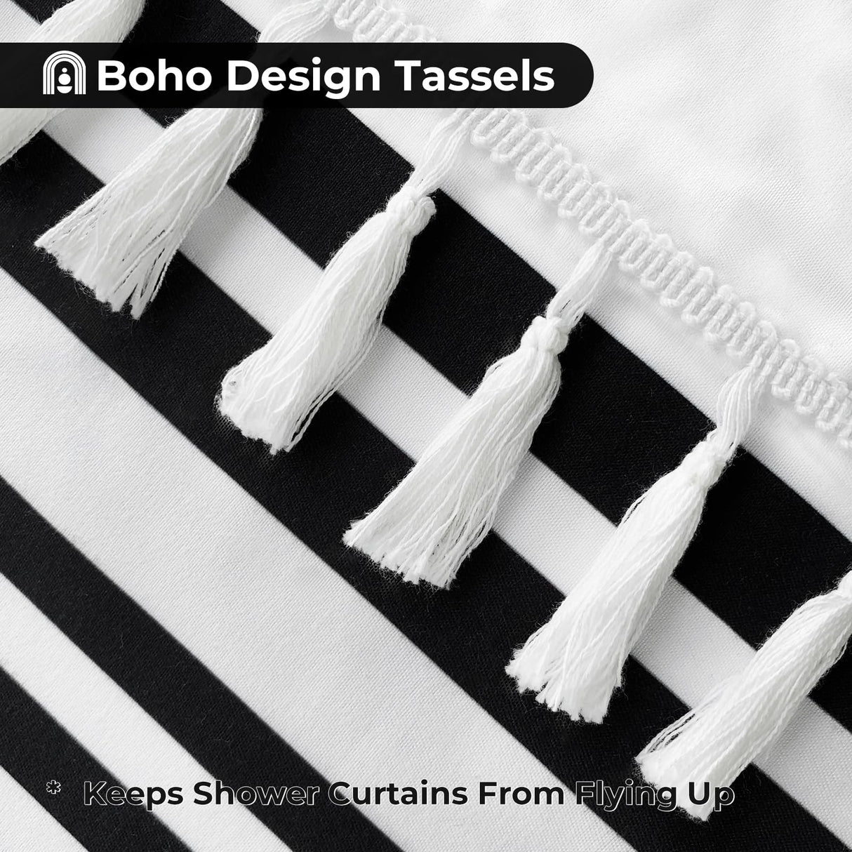 Seasonwood Black and White Shower Curtain with Tassels,Farmhouse Fabric for Bathroom,Heavy Weighted, 72 x 72 Seasonwood