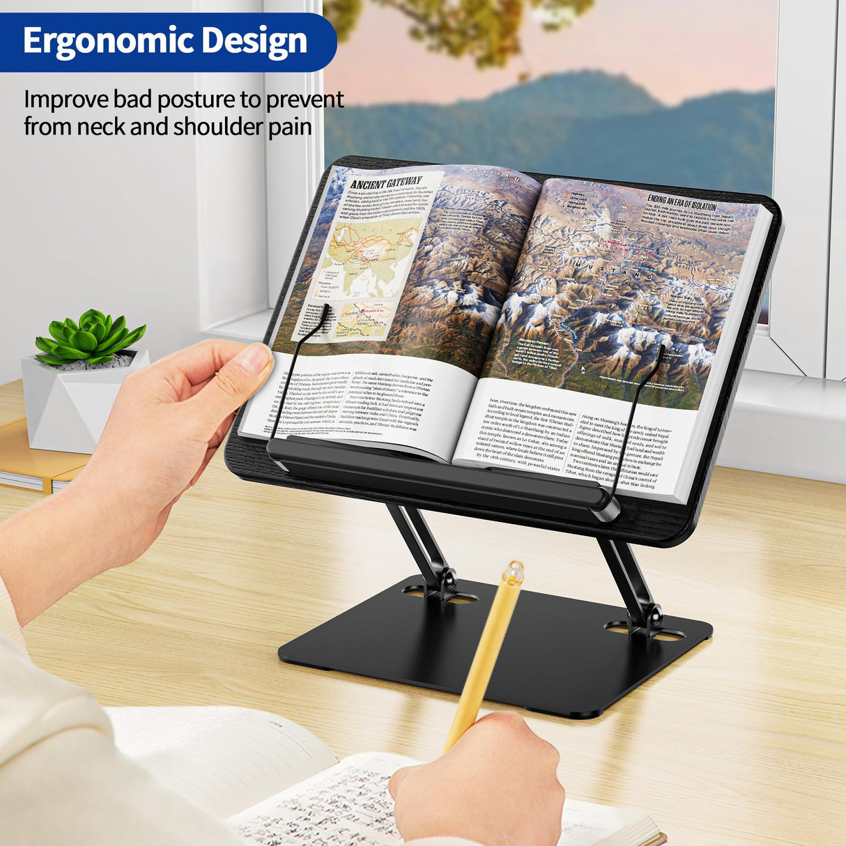 BESIGN BS01 Book Stand for Reading, Adjustable Book Holder, Ergonomic Laptop Stand with Elastic Page Clips for Music Scores, Recipe, Tablet, Laptop (Black) BESIGN