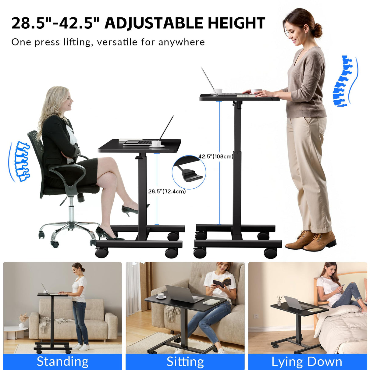 GallopFun Mobile Laptop Standing Desk Adjustable Height, Small Mobile Desk Workstation with Wheels, Portable Rolling Computer Desk Cart for Home Office Classroom (Black) GallopFun