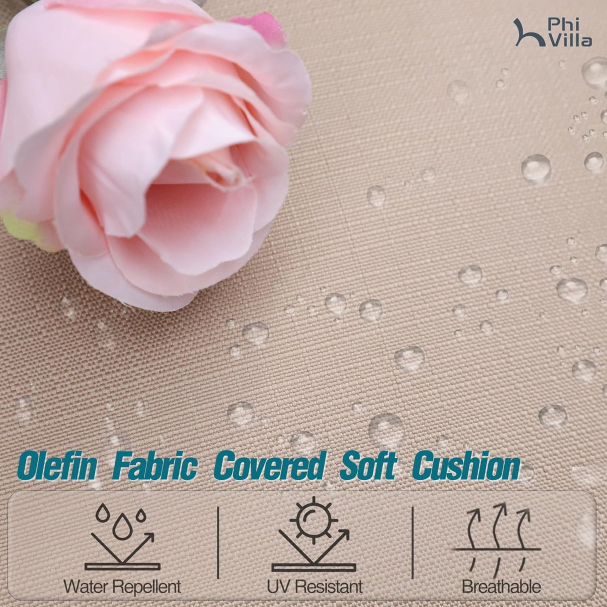 PHI VILLA 7 Piece Outdoor Dining Set with Umbrella, 60” Rectangular Metal Dining Table & 6 Cushioned Wrought Iron Chairs & 13ft Large Beige Umbrella for Patio, Deck, Yard, Porch PHI VILLA