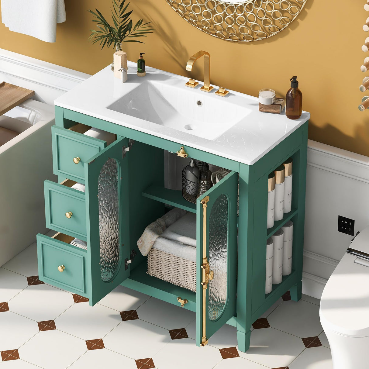 LUMISOL 36 Inch Bathroom Vanity with Sink, Free Standing Bathroom Sink Cabinet with 3 Drawers, 2 Glass Door & Side Storage, Vintage Bathroom Vanities with Ceramic Sink, Solid Wood Frame, Green LUMISOL
