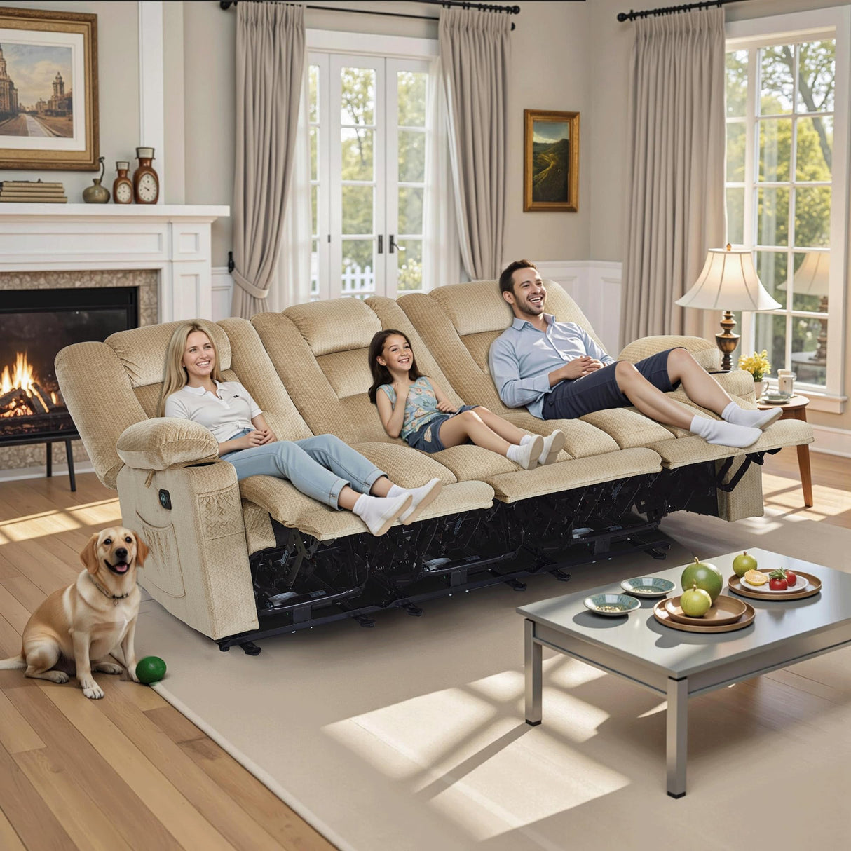 MCombo Zero Gravity Power Reclining Sofa with Heat and Vibration Massage, 3 Seater Reclining Couch with USB Ports, Cup Holders for Living Room, Fabric PR648SET (Beige) MCombo