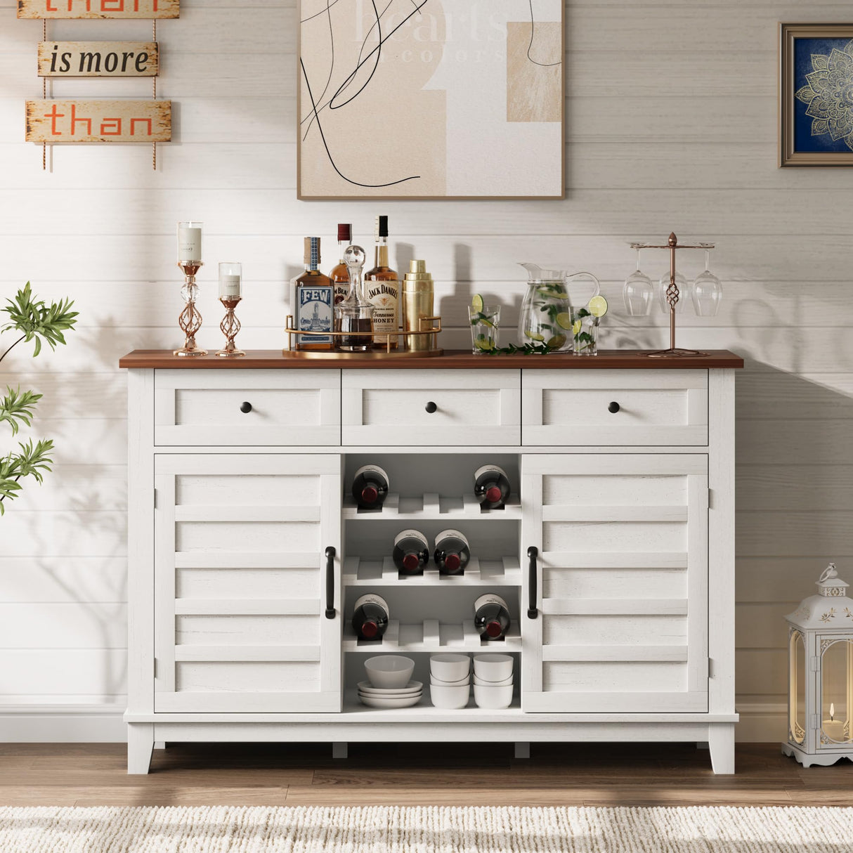 SLEKVERSA Farmhouse 53.5'' Wine Bar Cabinet with Sliding Barn Door, Buffet Cabinet with 3 Drawer, Adjustable Shelf and Removable Wine Rack for Dining Room, Kitchen, Living Room (White) SLEKVERSA