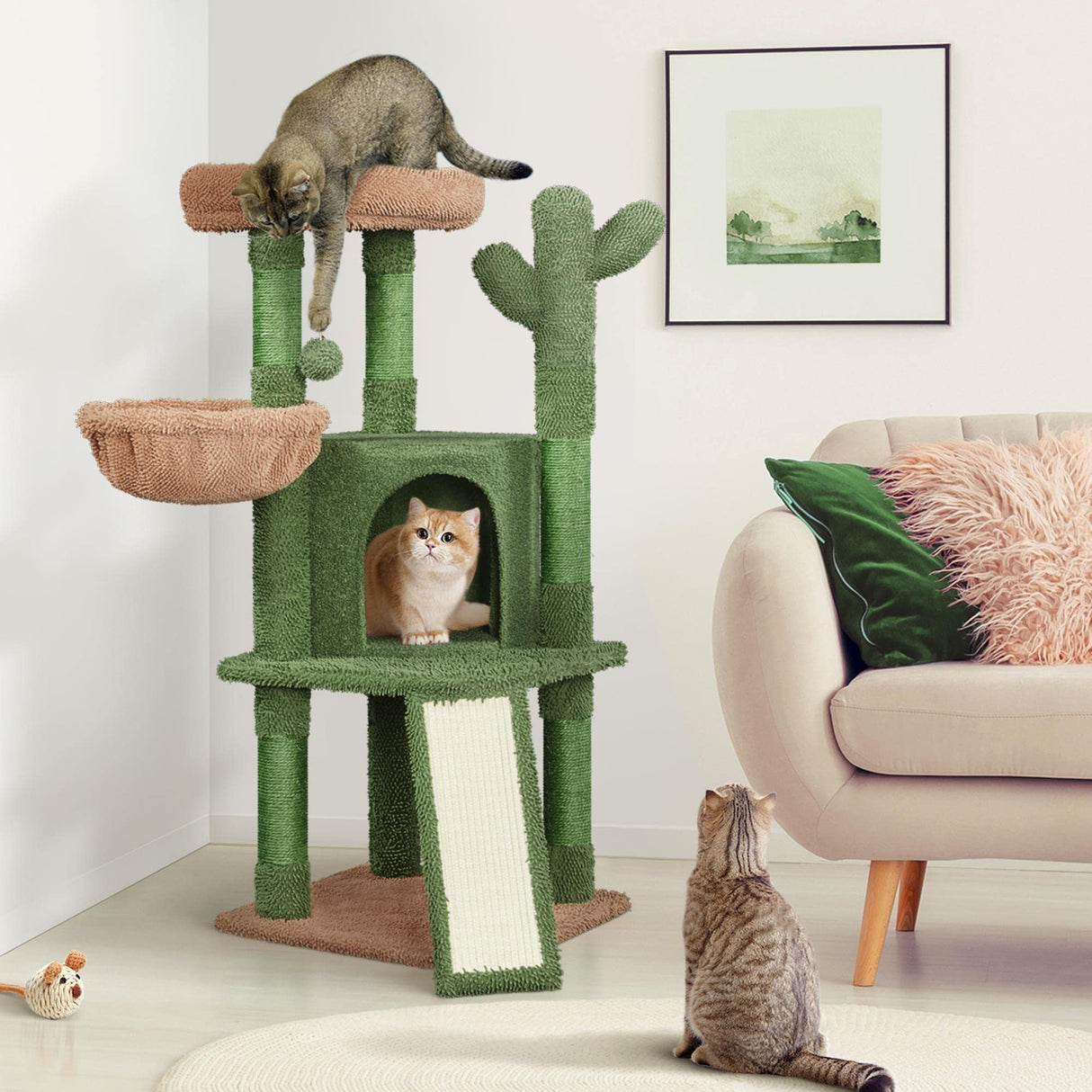 Yaheetech Cactus Cat Tree, 42in Cat Tower for Indoor Cats, Multi Level Cat Condo Scratching Post, Cat Activity Center Pet Furniture w/Ball, Plush Perch, Platform, Basket Yaheetech