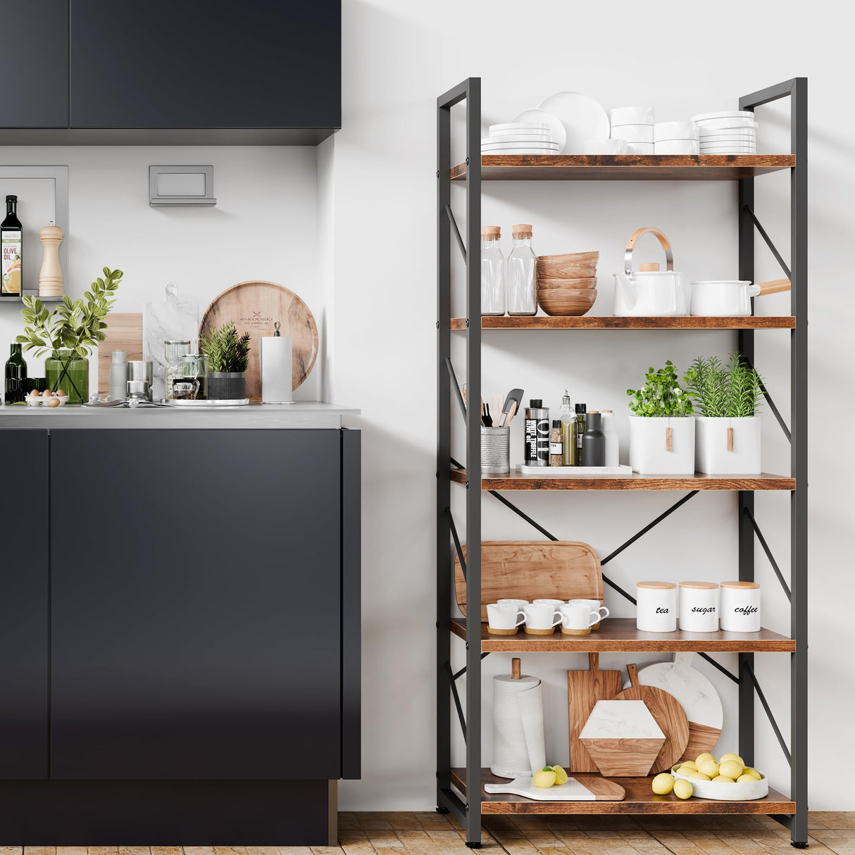 5 Tiers Bookshelf, Classically Tall Bookcase Shelf, Industrial Book Rack, Modern Book Holder in Bedroom/Living Room/Home/Office, Storage Rack Shelves for Book, Brown Shintenchi