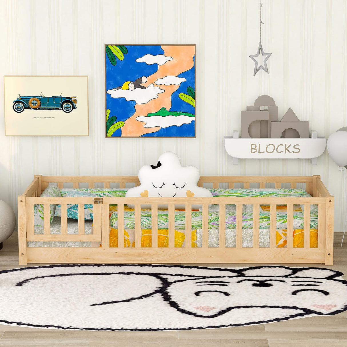 Bellemave Natural Twin Size Montessori Floor Bed with Door, Fence, and Removable Slats for Kids Bellemave