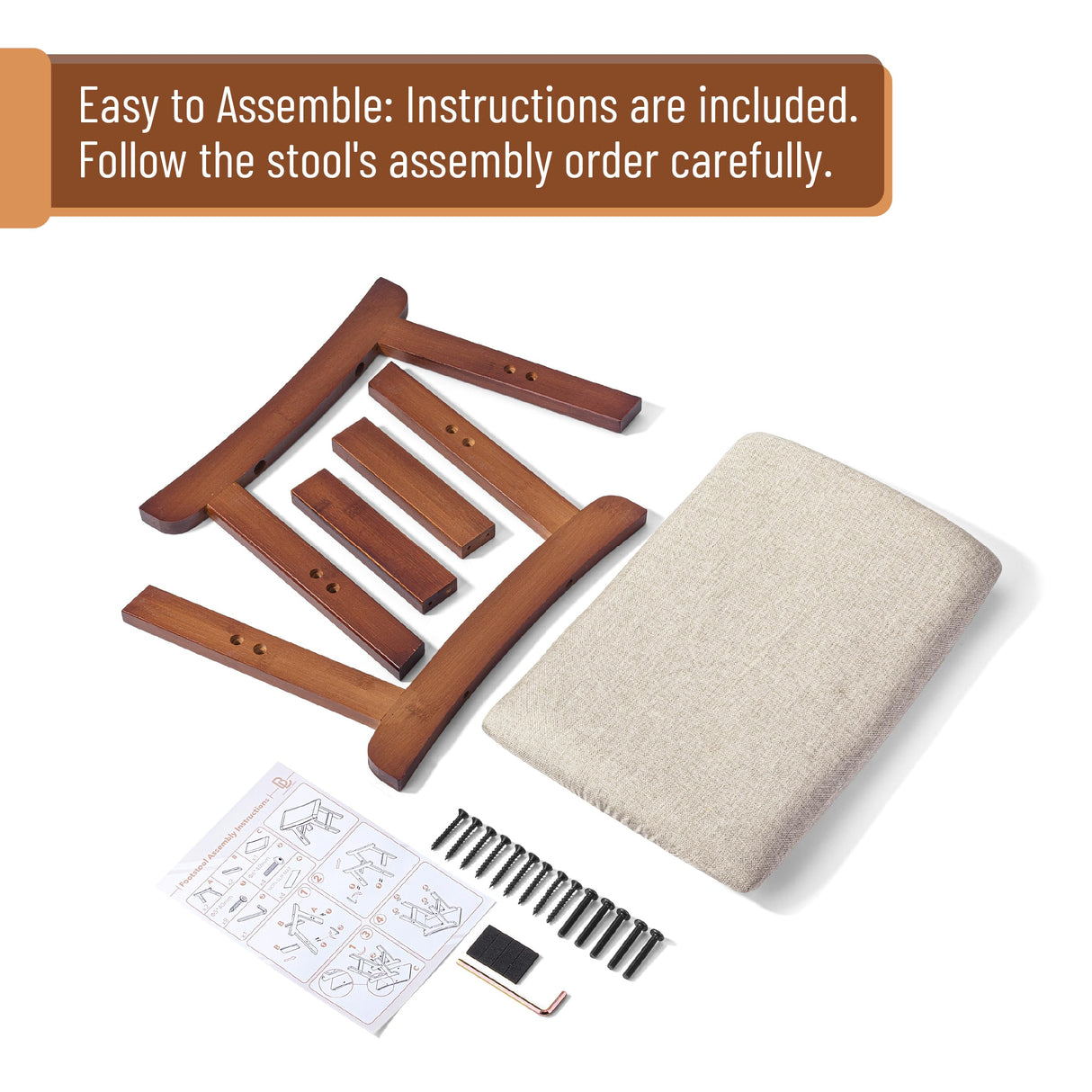 BAMBOO LAND- Bamboo Foot Stools Ottoman, Beige Cushion & Brown Wood Legs, Small Ottoman Foot Rest for Couch BAMBOO LAND