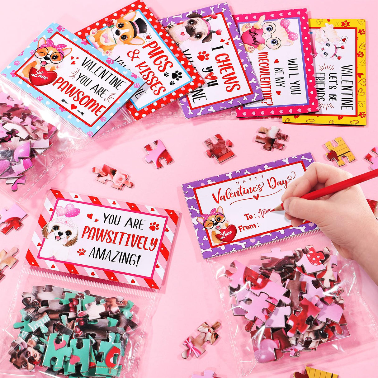 Asoulin Valentine Day Gifts for Kids, 24 Packs Valentine Day Cards for Kids School with Cat & Dog Jigsaw Puzzles Toys Birthday Gifts for Kids Toddler Boys Girls Goodies Bags Classroom Gifts Exchange Asoulin