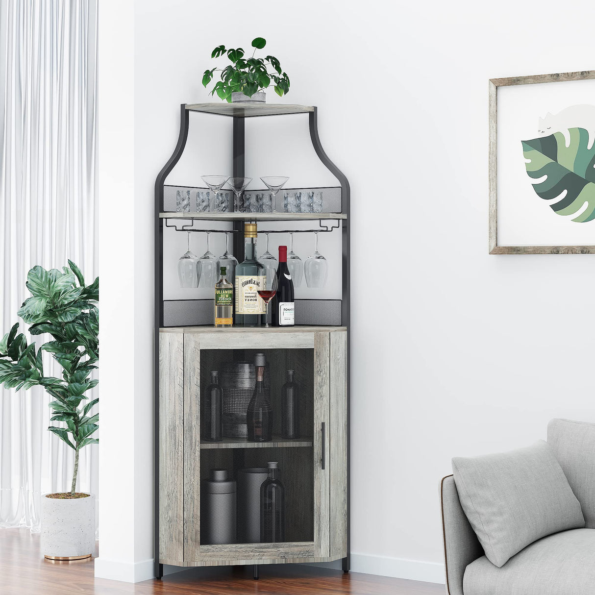 Amyove Corner Wine Bar Rack Cabinet with Detachable Wine Rack, Bar Cabinet with Glass Holder, Small Sideboard and Buffet Cabinet with Mesh Door Amyove