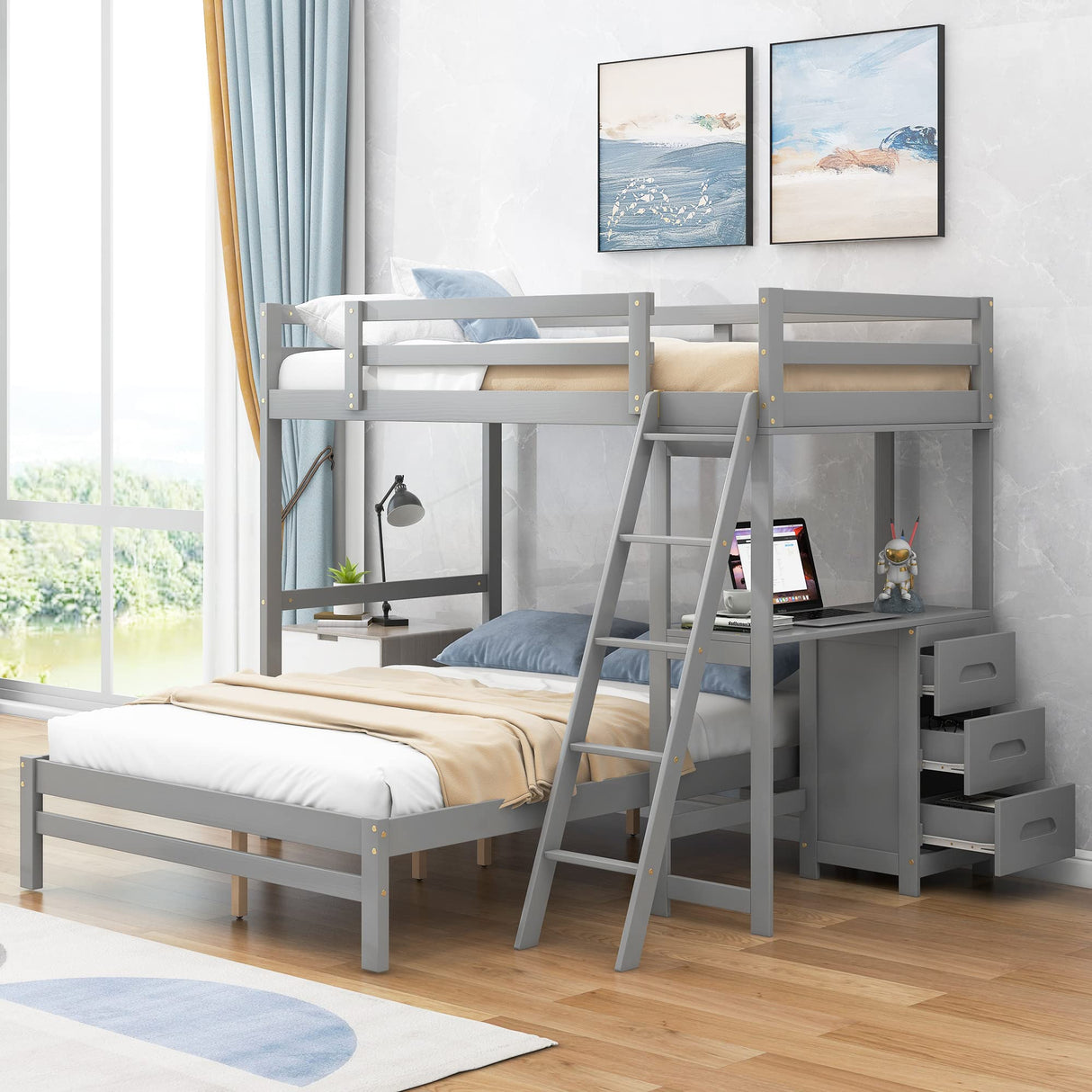 Merax Twin Over Full Bunk Bed with Ladder & Guardrails, Solid Wood Bunk Beds Frame with Built-in Desk and 3 Drawers, Split into Twin Size Loft Bed & Full Size Platform Bed, No Box Spring Needed, Gray Merax