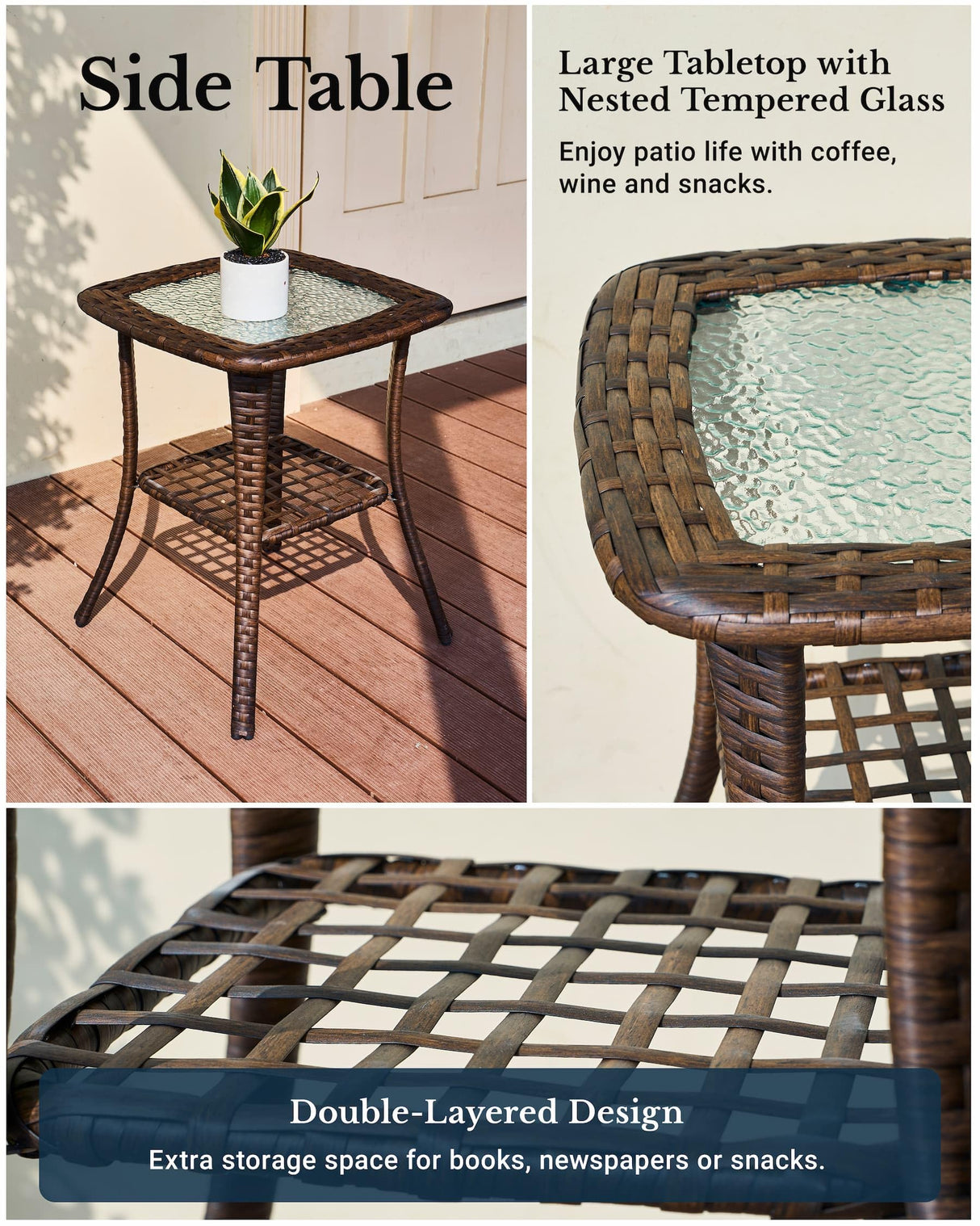 Luxury Outdoor Swivel Rocker Chairs High Back, 3 Piece Patio Rocking Chairs with Thick Cushions, Oversized Bistro Set with Small Side Table, for Porch, Outside, Pool, Deck, Yard, Garden (Rice White) HILLGA