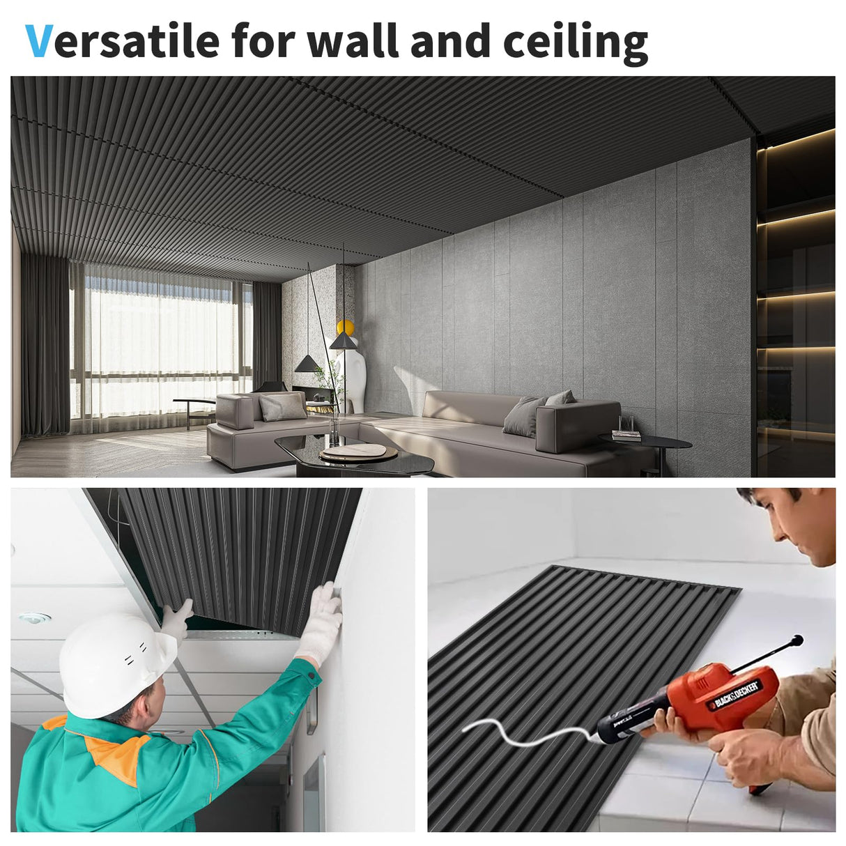 Art3d 12-Pack Slat Design 3D Wall Panels for Interior Wall Decor, 2x4 FT PVC Decorative Drop Ceiling Tiles - Black Art3d