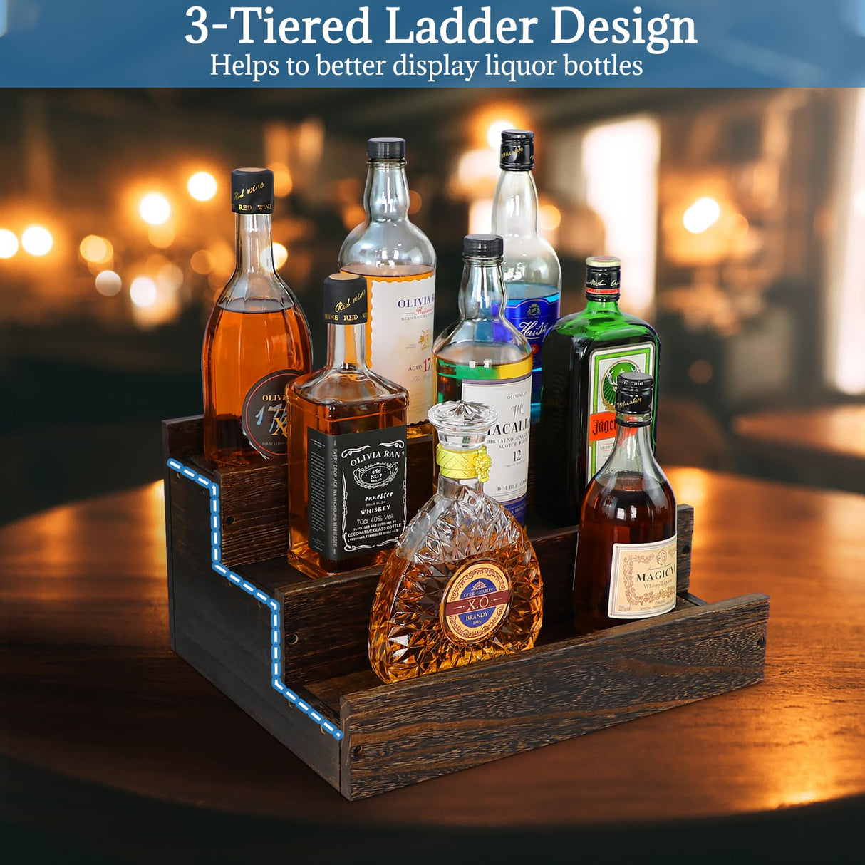 ERTIUANIO 3 Step Real Wood Countertop Liquor Bottle Display Shelf, 12 Bottle Freestanding Bar Shelves with Fences, Home Retro Wine Rack Storage Organizer, Whiskey Coffee Syrup Display Stand ERTIUANIO