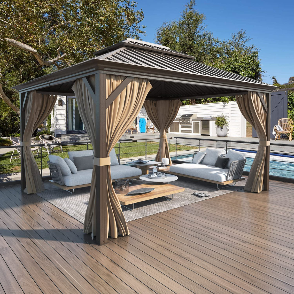 YOLENY 12' x 14' Hardtop Gazebo, Galvanized Steel Metal Double Roof Aluminum Frame Gazebo with Curtain and Netting, Permanent Pavilion Pergola for Outdoor, Patio, Garden, Lawn, Pool Side, Brown YOLENY