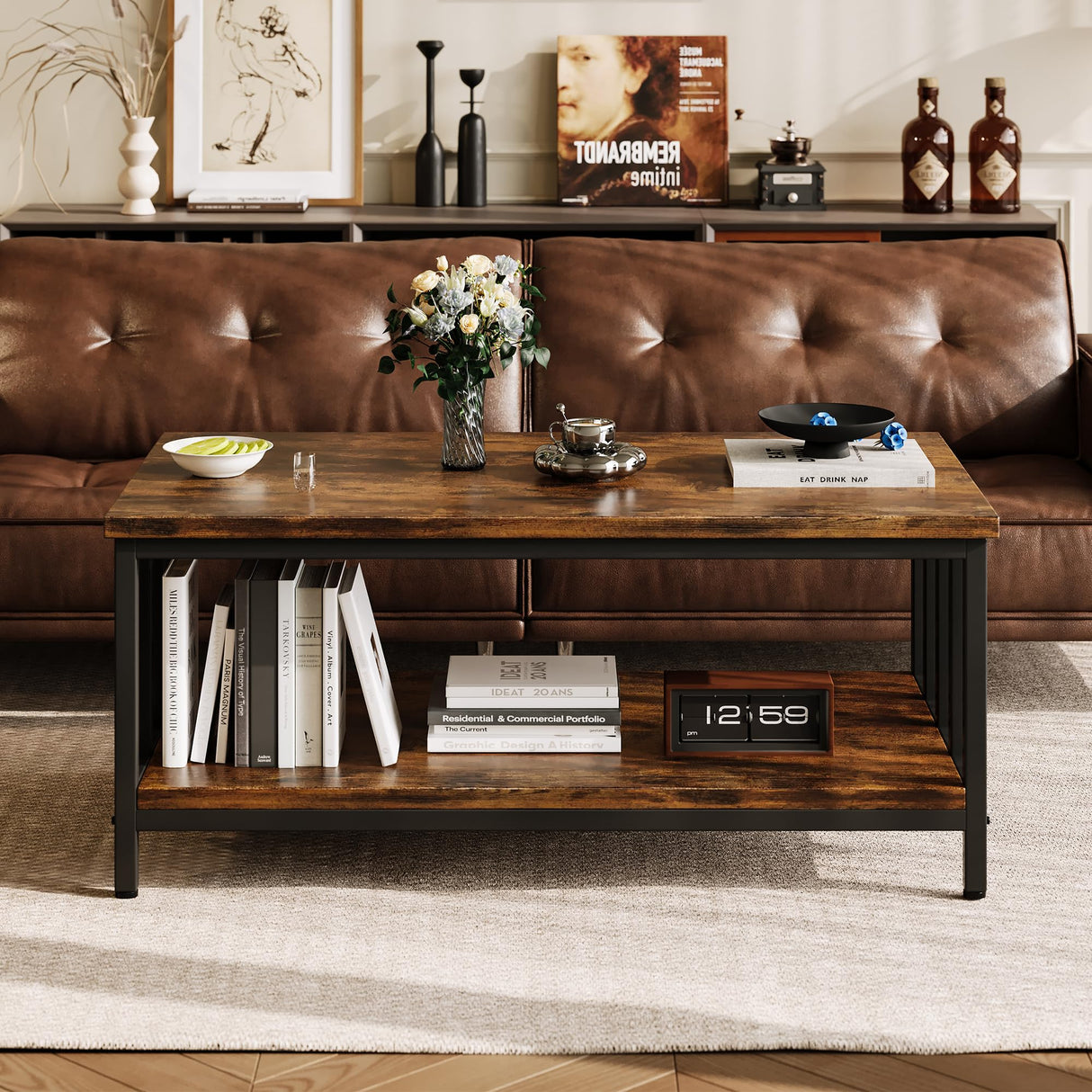 Homeiju Coffee Table for Living Room, Farmhouse Living Room Table with Slatted Sides Frame for Home Office, Apartment, 39 inch Rustic Black and Brown Homeiju