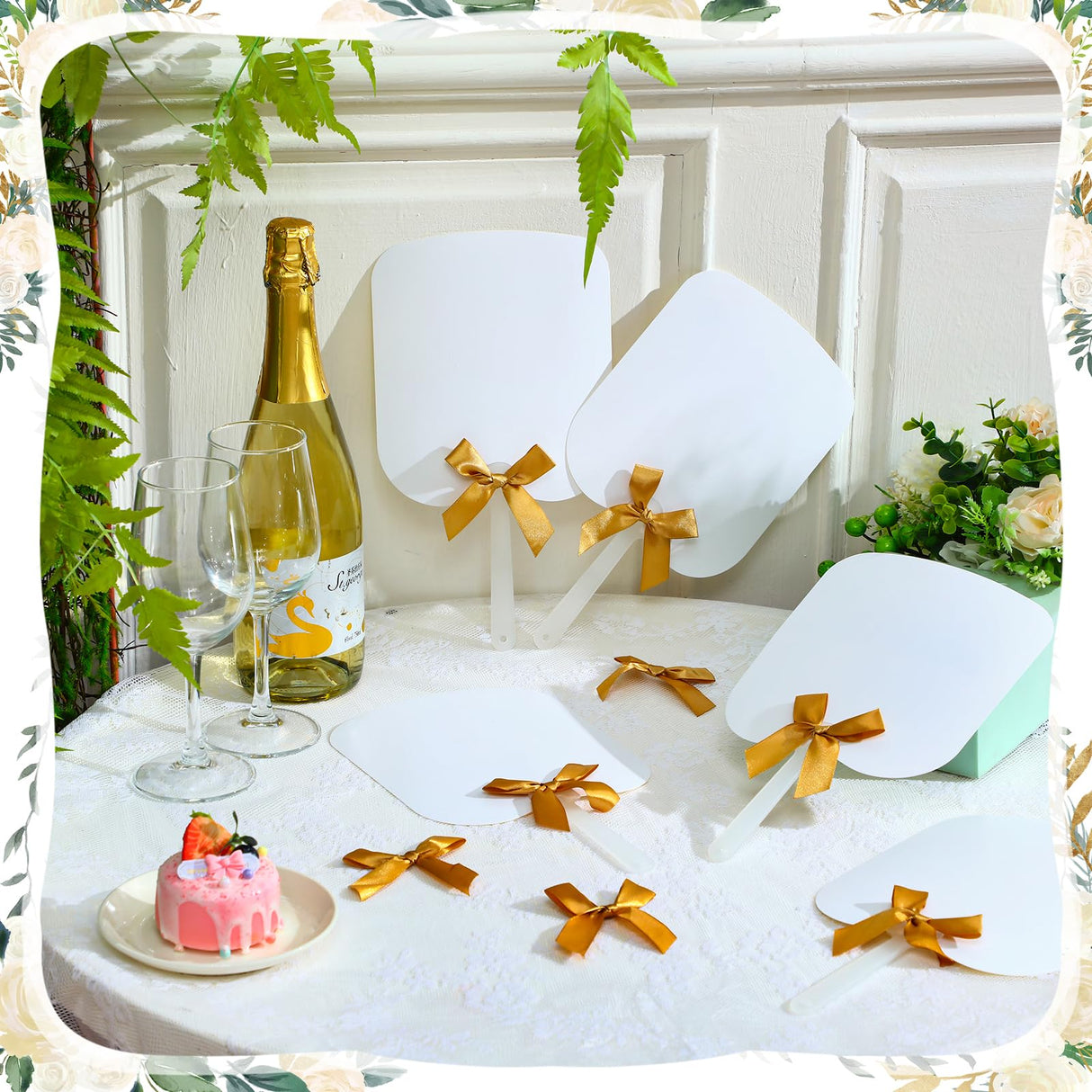 Vercraft Sublimation Fans Blank Bulk Fans Handheld Set Double Sided Sublimation Fans Includes Blank White Cardstock Handle Sticks Gold Bow for Wedding Baby Shower Party Supplies DIY(25 Pcs) Vercraft