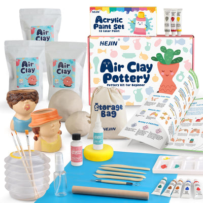 HEJIN Air Dry Clay Kit for Adults, 3.3Lbs Pottery Craft Kit for Beginners, Sculpting Tools Set & Step-by-Step Guide, 12 Paints, Paintbrush, Varnish, Sponge - Crafts for Adults for Birthdays Gift