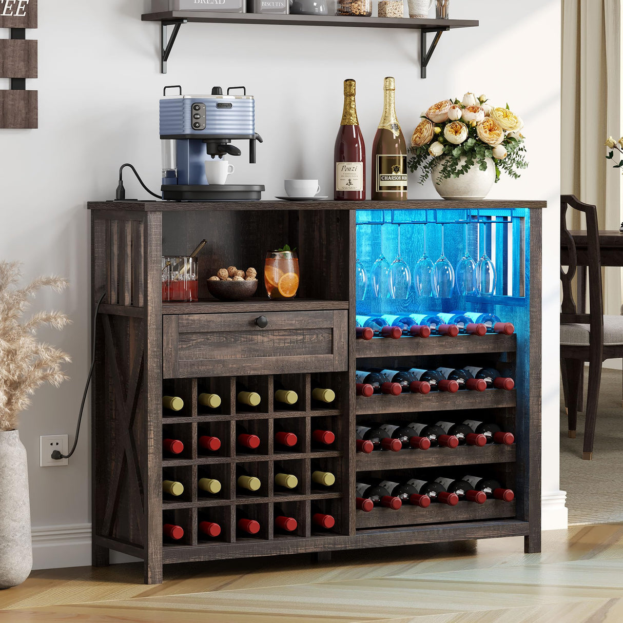 YITAHOME Wine Bar Cabinet with LED Light and Power Outlet 47" Home Coffee Bar with Wine Glass Rack Kitchen Buffet Sideboard with Storage Drawer Liquor Table for Living Dining Room Rustic Oak YITAHOME