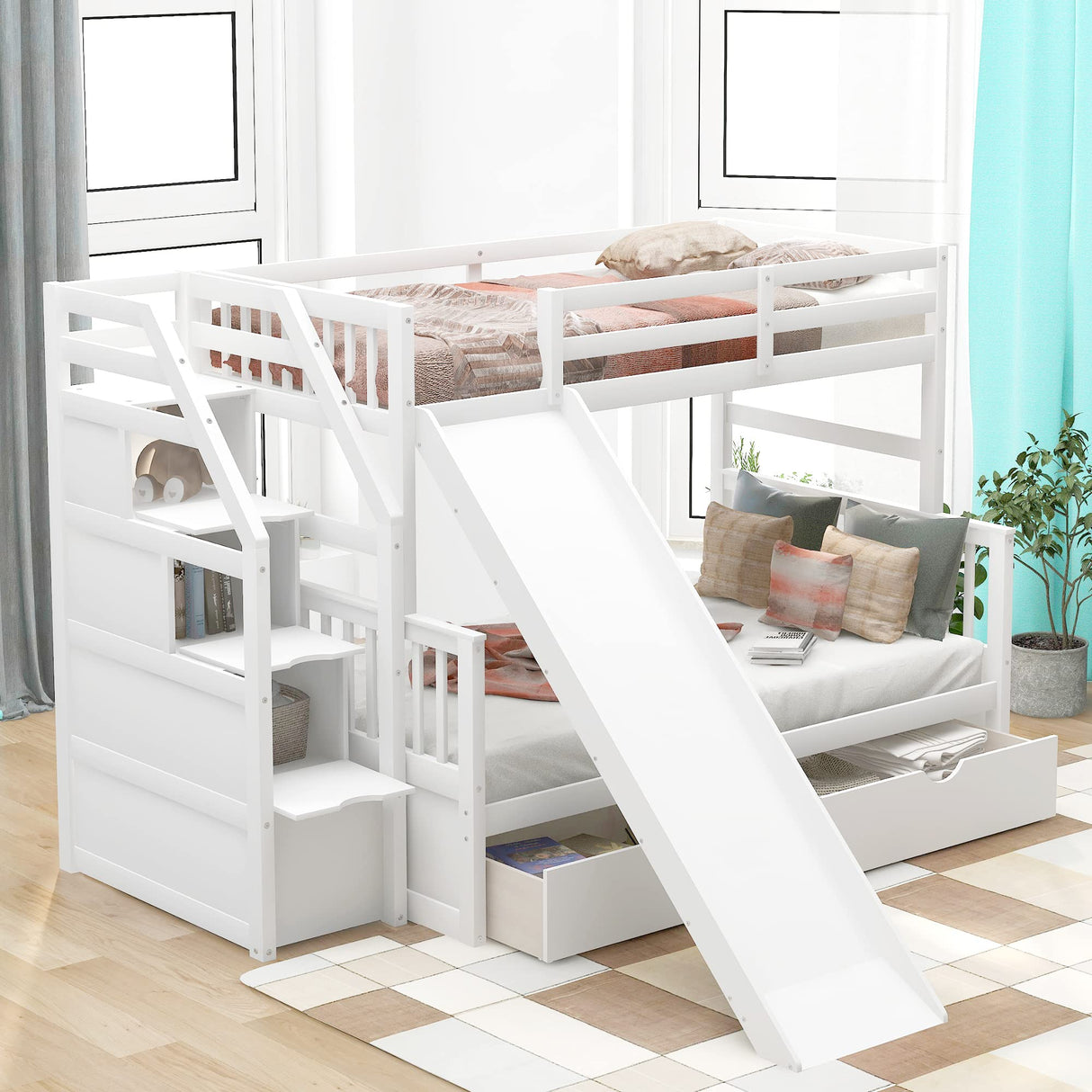 SOFTSEA Twin Over Full Bunk Bed with Storage Stairs, Slide, and Drawers in White SOFTSEA