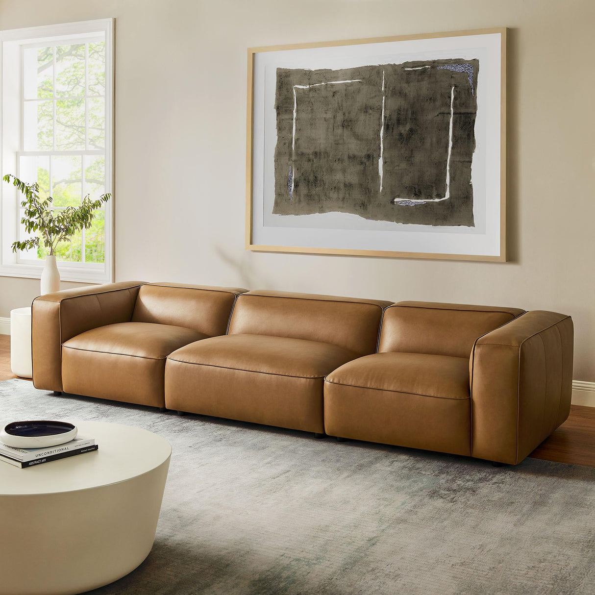 Modway Auren Vegan Leather 3 Piece Modular Sofa in Camel - Faux Leather 3 Seater Couch - Comfy Mid Century Modern PU Leather Sofa for Living Room, Apartment, Loft Modway