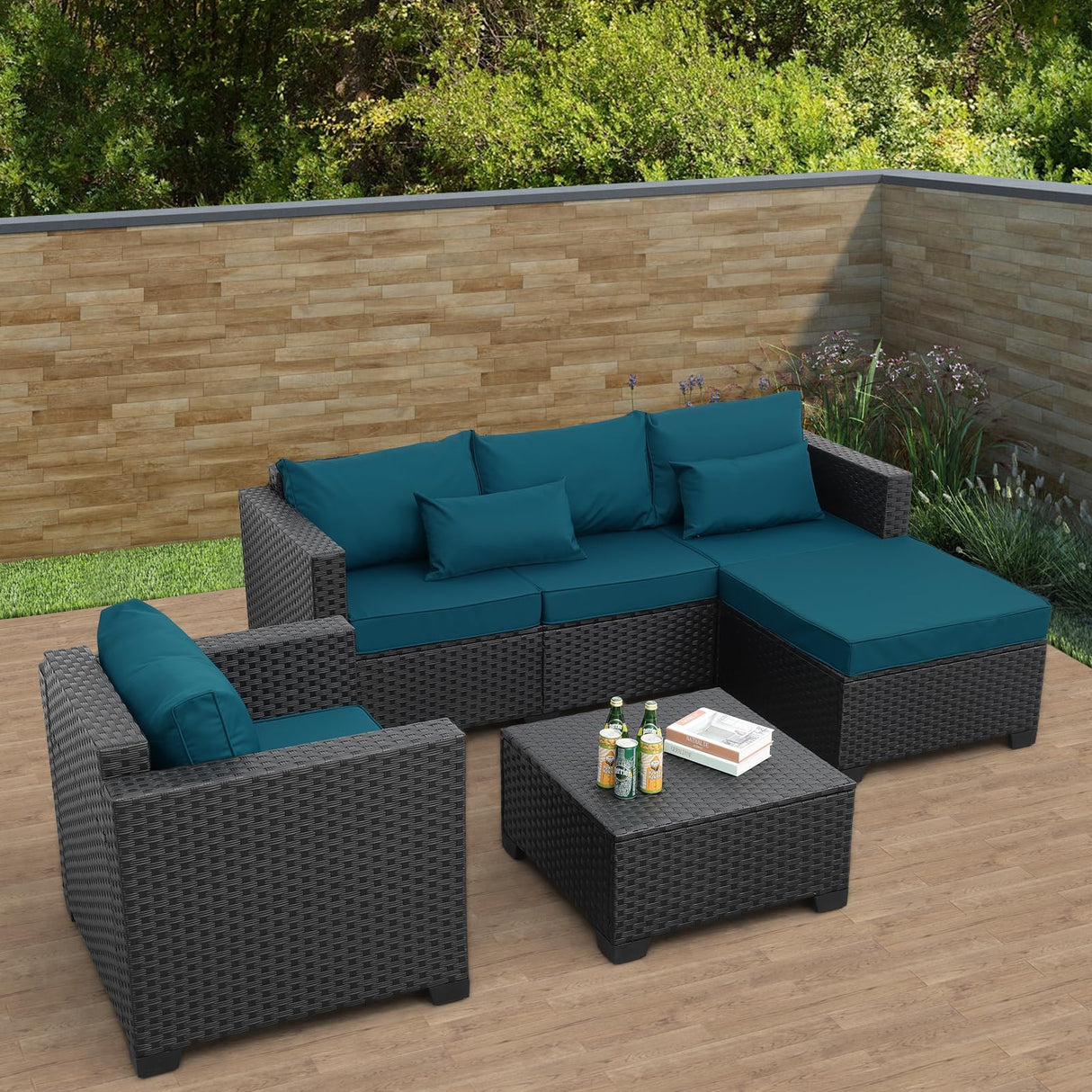 Rattaner 4 PCS Patio Furniture Set Outdoor Sectional Wicker Patio Furniture Patio Couch with Chair and Outdoor Storage Table All-Weather Non-Slip Cushions Waterproof Covers, Peacock Blue Rattaner
