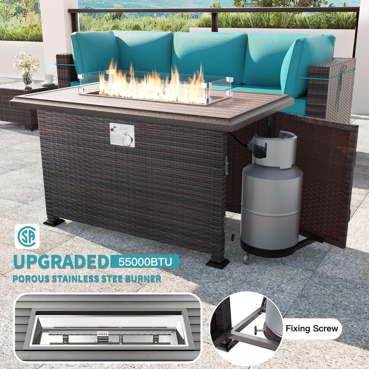 Kullavik 8 Pieces Outdoor Patio Furniture Set,Sectional Sofa Set with 43" 55000 BTU Gas Propane Fire Pit Table,Brown PE Rattan Wicker Patio Conversation Set,Turquoise Blue Kullavik