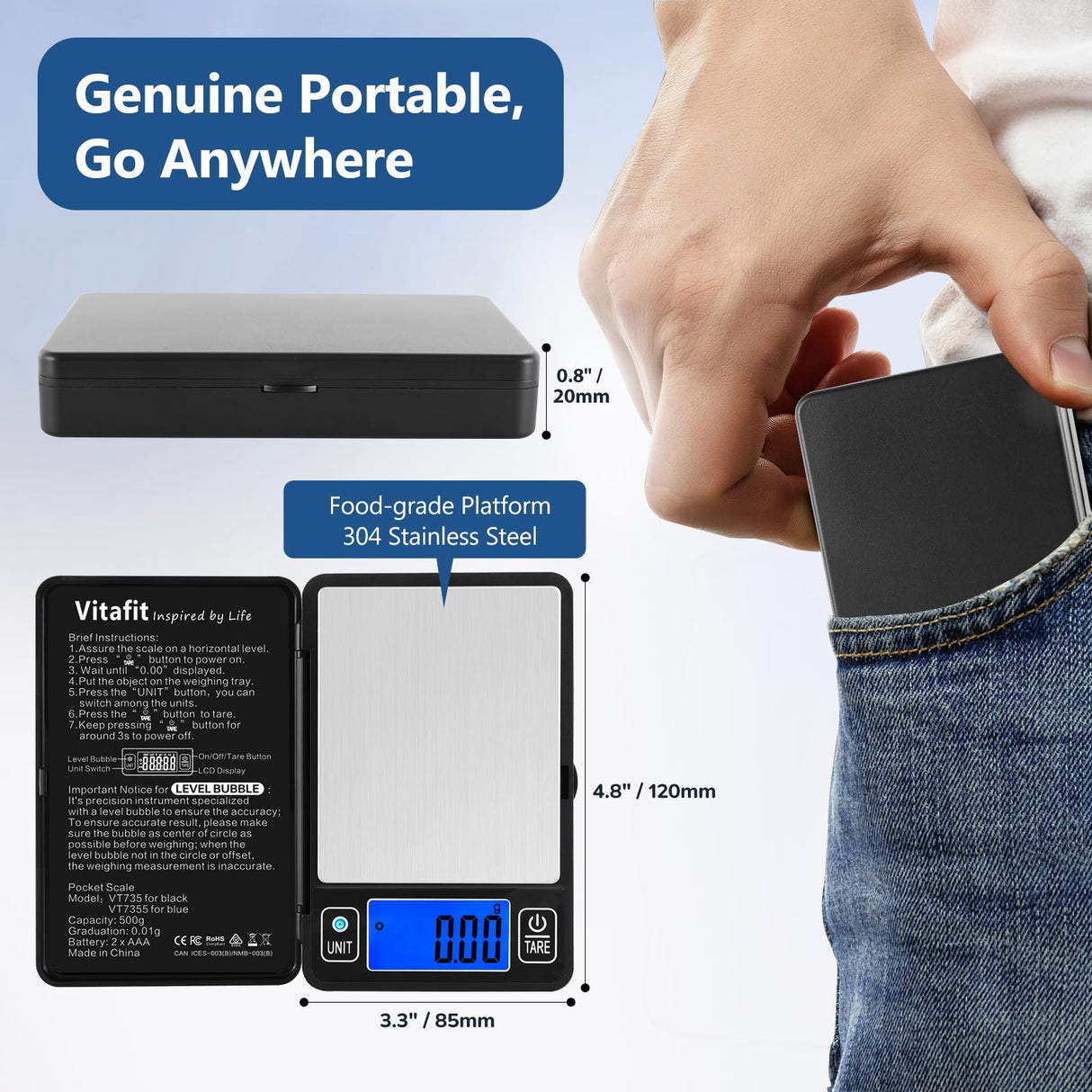 Vitafit 500g Digital Gram Scale in 0.01g, High Accuracy Assured by Built-in Level Bubble, Scale Professional Since 2001, Pocket Scale for Multi-Function: Kitchen, Food, Jewelry, Lab, Coffee, Black Vitafit