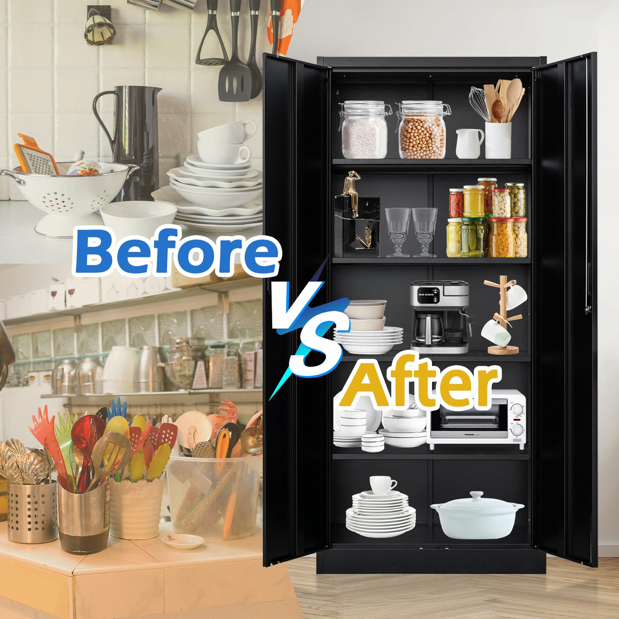 Metal Storage Cabinet, Locking Cabinet with Adjustable Shelves, 18" D x 36" W x 72" H Garage Storage Cabinets for Home, Office, Warehouse- Black Wanfu