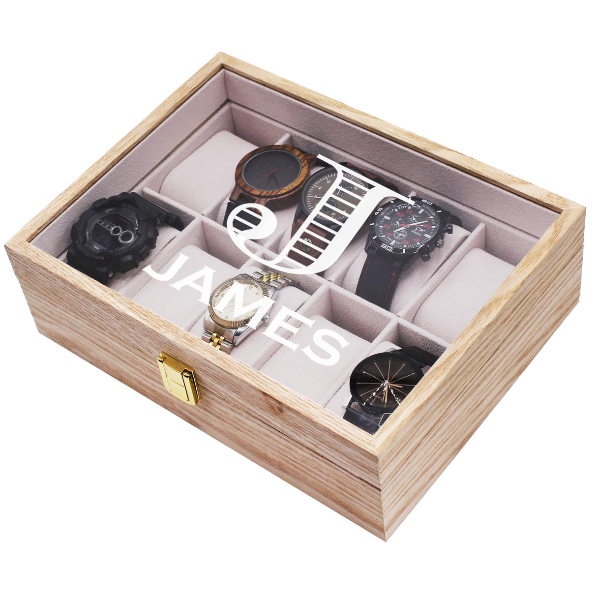 My Personal Memories Custom Personalized Watch Storage Box Glass Display Case for Men, Him, Husband - Engraved and Monogrammed (Distressed Wood) My Personal Memories