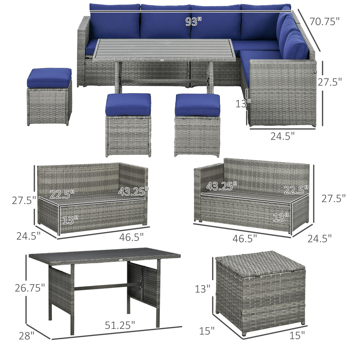 Outsunny Wicker Outdoor Patio Furniture Set, L-Shaped 7 Piece Outdoor Dining Sectional Sofa with Dining Table and Chair, Storage Loveseat, Ottomans and Cushions, Dark Blue Outsunny