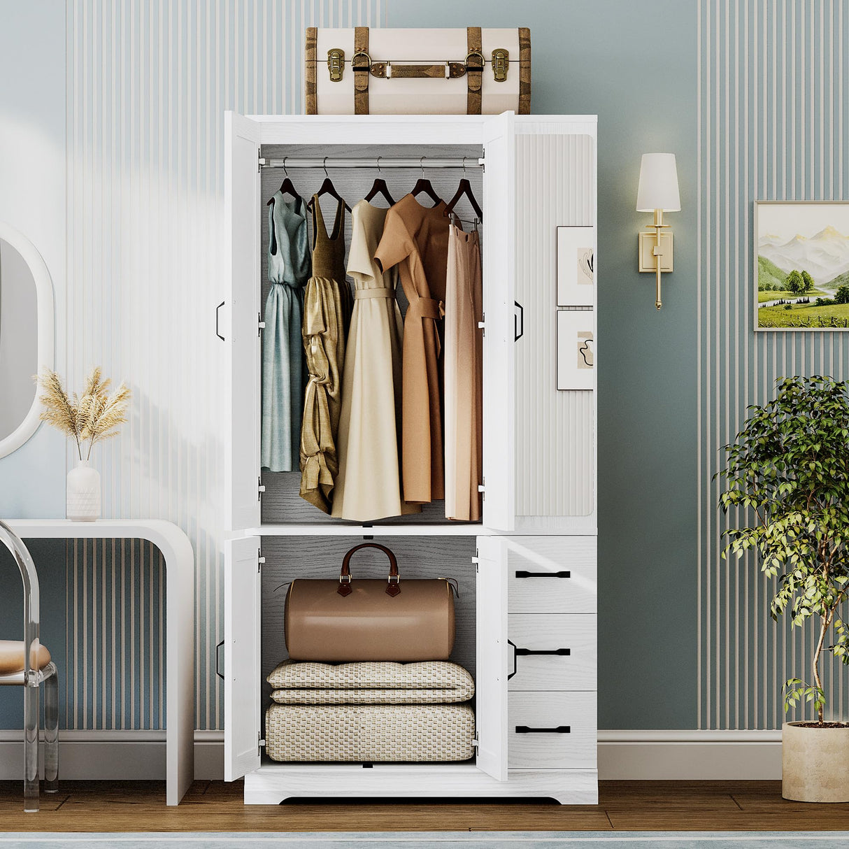 ANCTOR Armoire Wardrobe Closet with Mirror, 70.9" H × 36.2" W, Bedroom Armoires with 4 Doors, 3 Drawers and Shelves, Large Clothing Storage Cabinet for Hanging Clothes, White ANCTOR