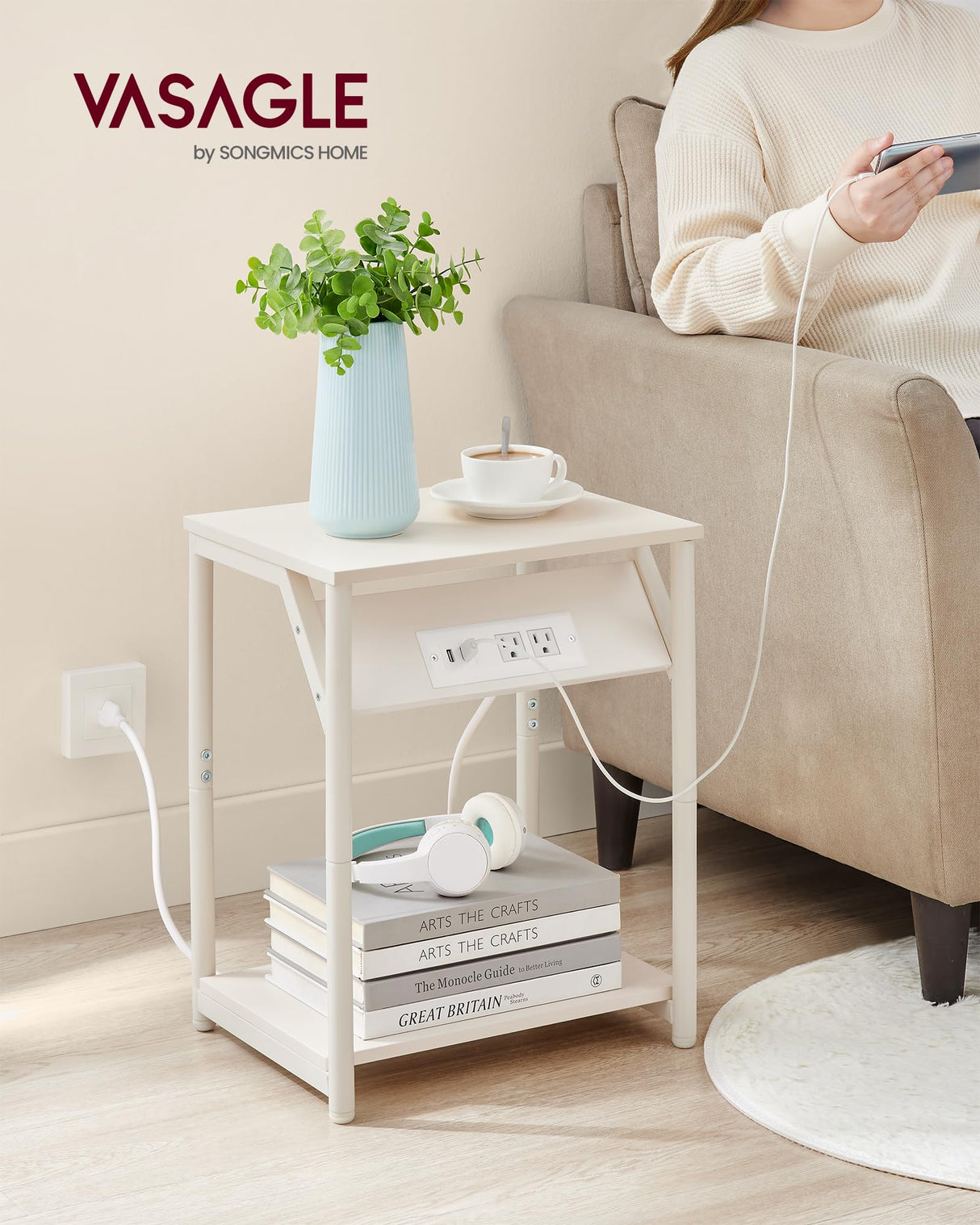 VASAGLE End Table with Charging Station, Set of 2, Small Side Tables for Living Room, Bedroom, Nightstand with Outlets and USB Ports, Bedside Table with Storage Shelf, Cream White VASAGLE