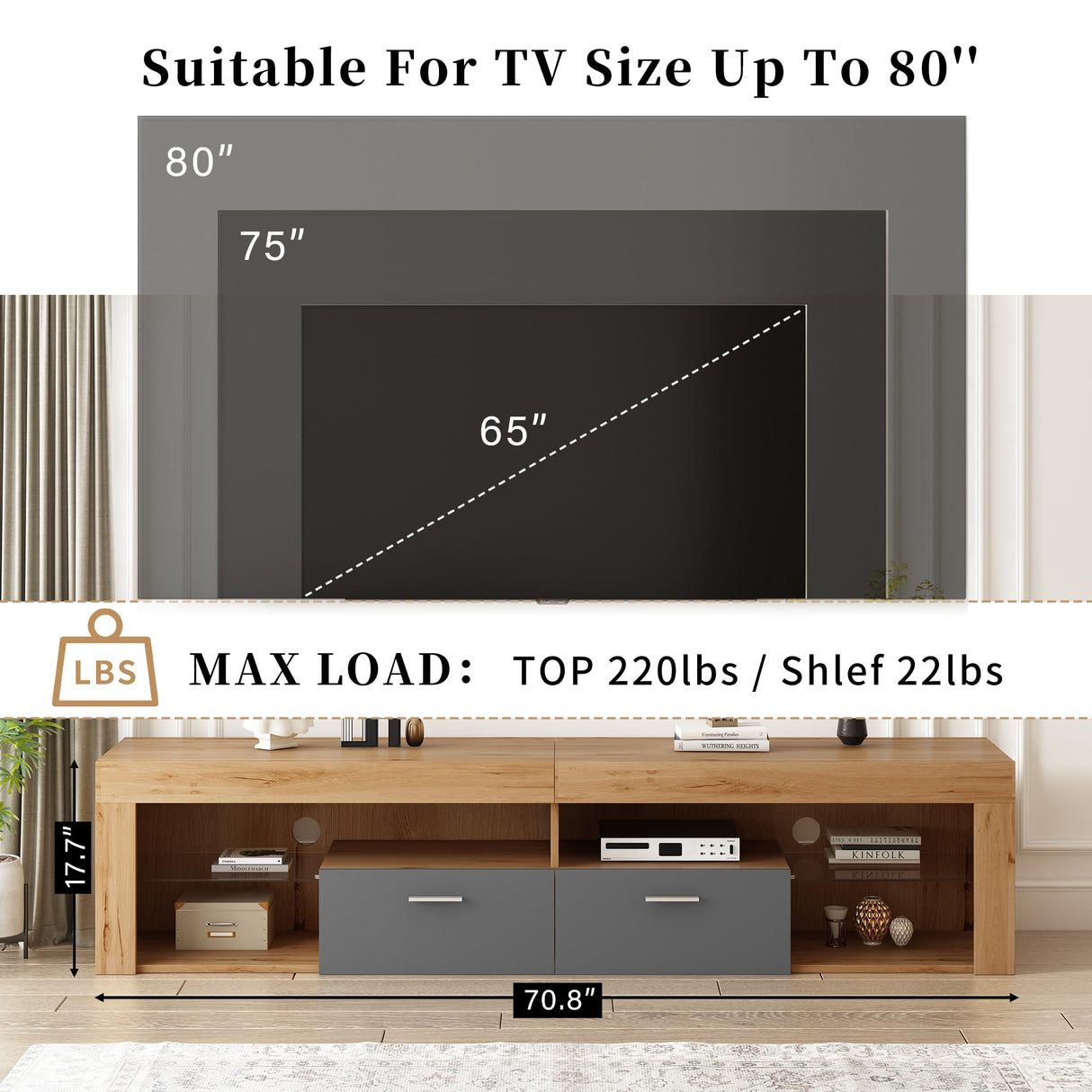 Merax Modern LED TV Stand for TVs Up to 80", 70" Gaming Entertainment Center with Glass Shelves and 2 Doors, TV Console with 16 Dynamic RGB Modes for Living Room, Bedroom Merax