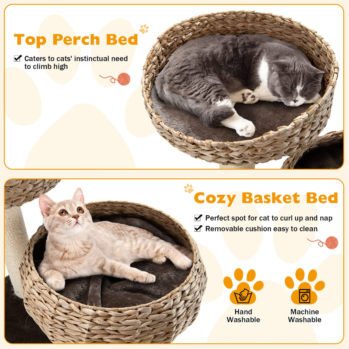 Tangkula Modern Cat Tree for Indoor Cats, Small/Tall Cat Tree with Natural Sisal Scratching Post, Hand-Made Wicker Cat Condo & Top Perch, Funny Hanging Toy Ball, Cute Cat Tree Tower for Large Cats Tangkula