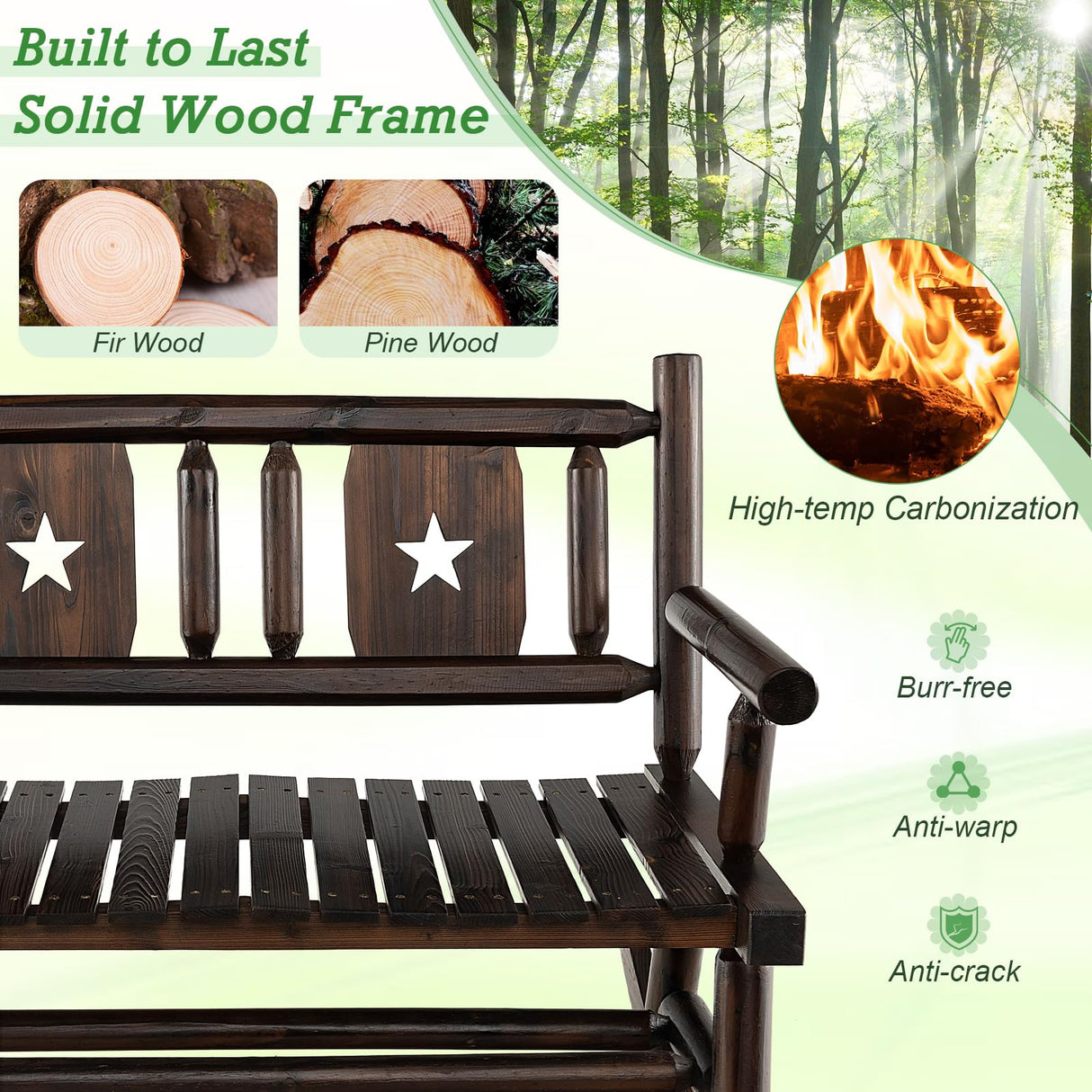 Giantex Outdoor Rocking Bench, Patio Loveseat Rocker for 2 w/Ergonomic Back & Log Arms, Carbonized Fir Wood Frame, Wooden Double Rocking Chair for Porch, Garden, 710 LB Capacity, Rustic Brown Giantex