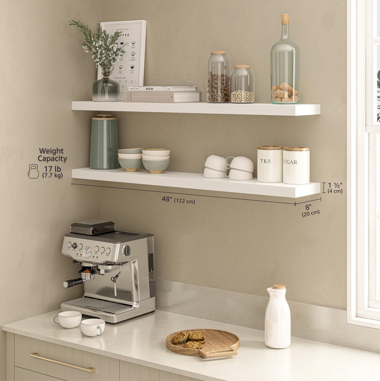 Ballucci Floating Shelves for Wall, 48" Wood Wall Shelf Set of 2, with Invisible Brackets for Bathroom, Living Room, Bedroom, Kitchen, Nursery, 8" Deep, White Ballucci