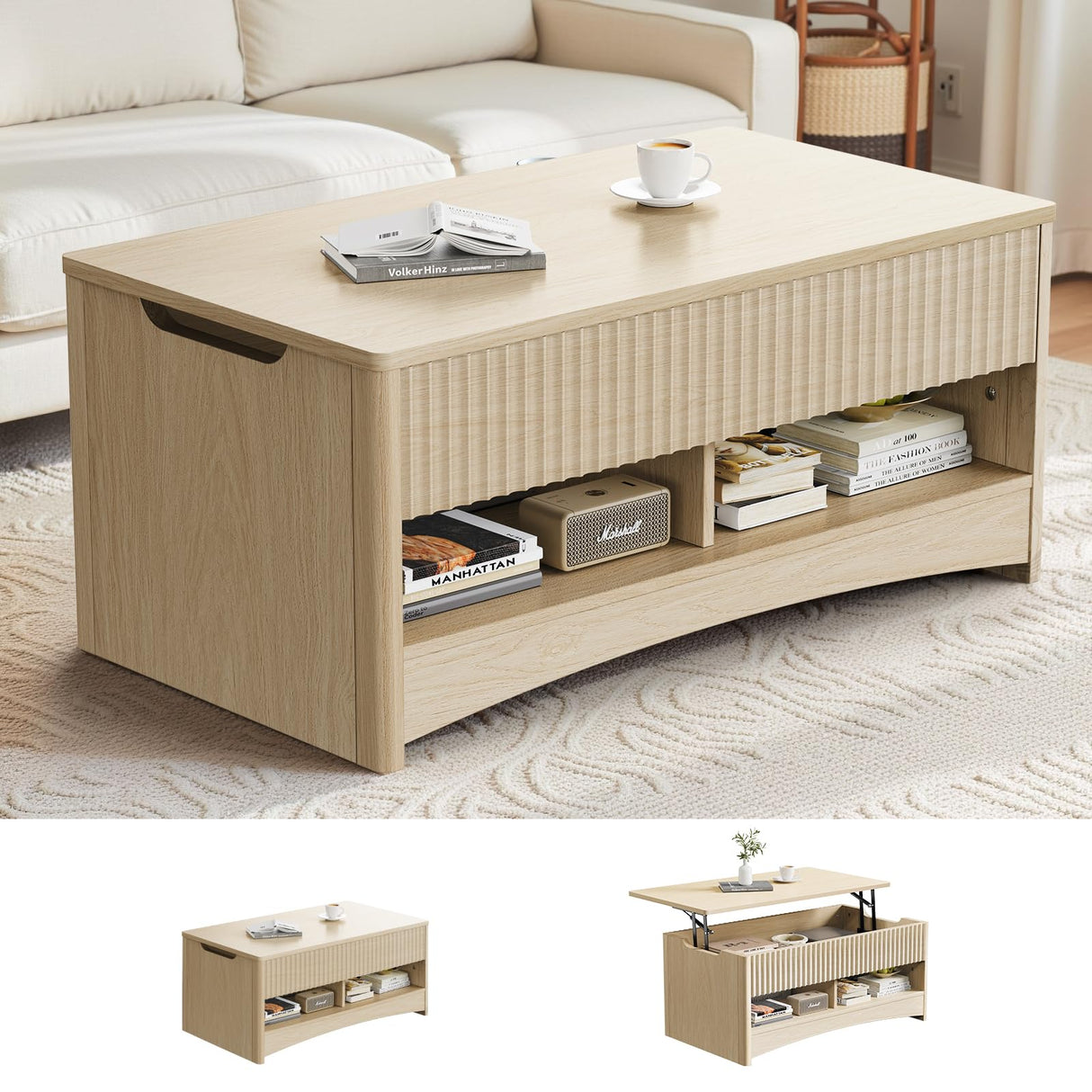 Amada Coffee Table Fluted Lift Top, 35.2" Wood Table with Storage Shelf & Hidden Compartment, Modern Rectangle Center Table for Living Room, Sturdy & Multi-Functional, Holds Up to 220LBS, Natural Oak AMADA HOMEFURNISHING