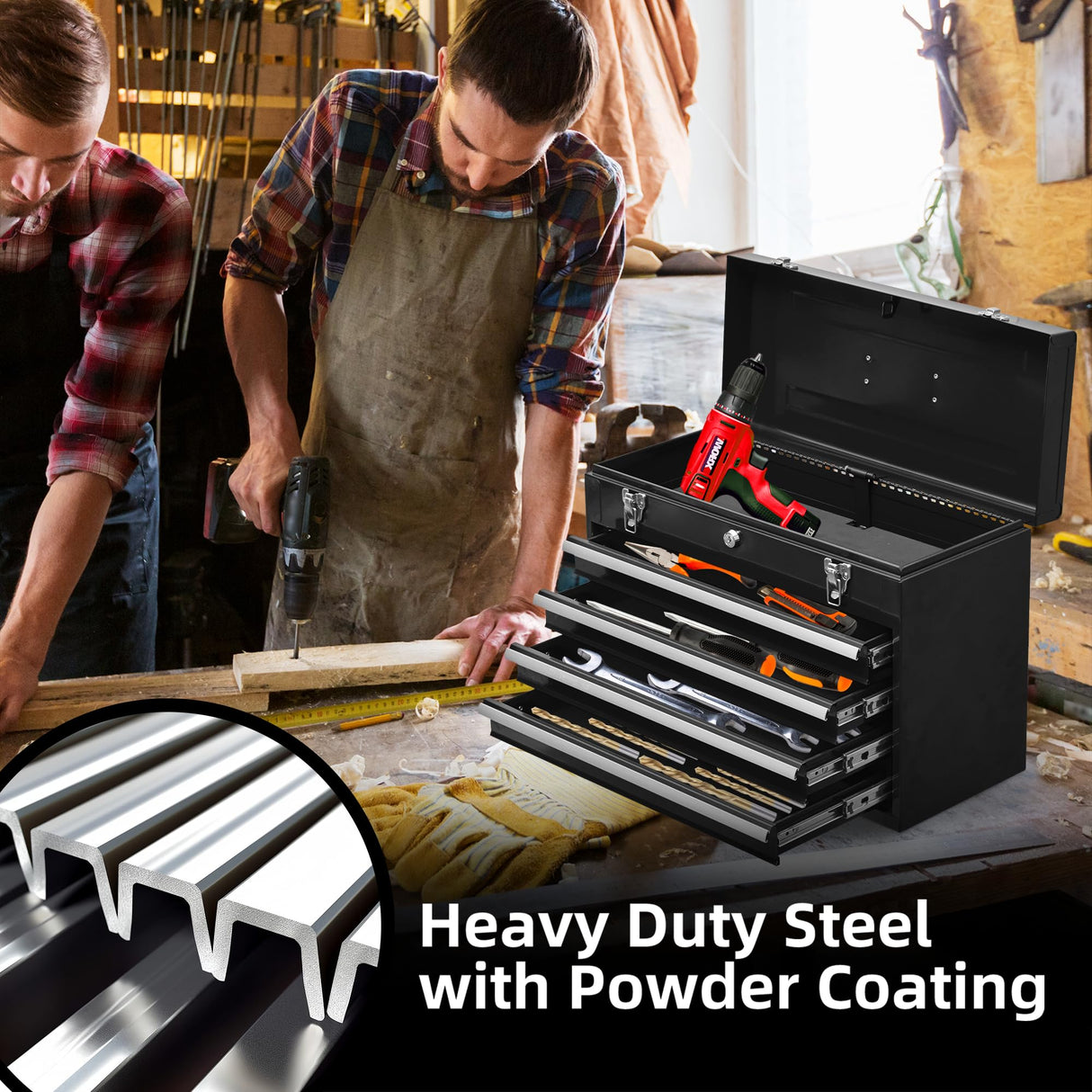 Runboll Portable Tool Chest Metal 4-Drawer Tool Cabinet 20" Steel Tool Storage Box Organizer with Metal Cylinder Lock and Latch Closure, for Home Improvement, Auto Mechanics Runboll