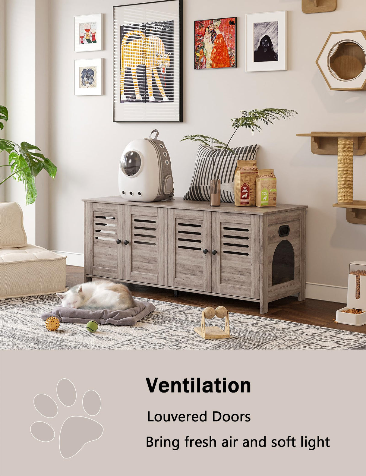 DINZI LVJ Litter Box Enclosure for 2 Cats, Hidden Litter Box Furniture with Double Rooms, Dual Cat Litter House, Front Doors, 47.2" Wooden Hidden Cat Washroom, Side End Table, TV Stand, Greige DINZI LVJ