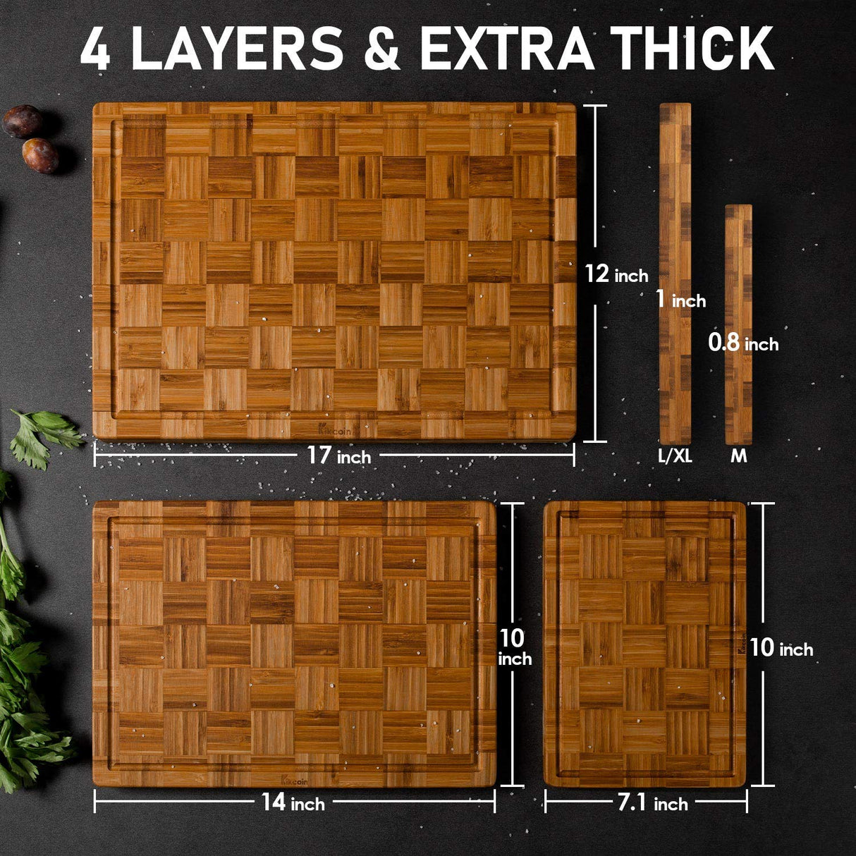 Extra Large Bamboo Cutting Boards, (Set of 3) Chopping Boards with Juice Groove Bamboo Wood Cutting Board Set Butcher Block for Kitchen, End Grain Kikcoin